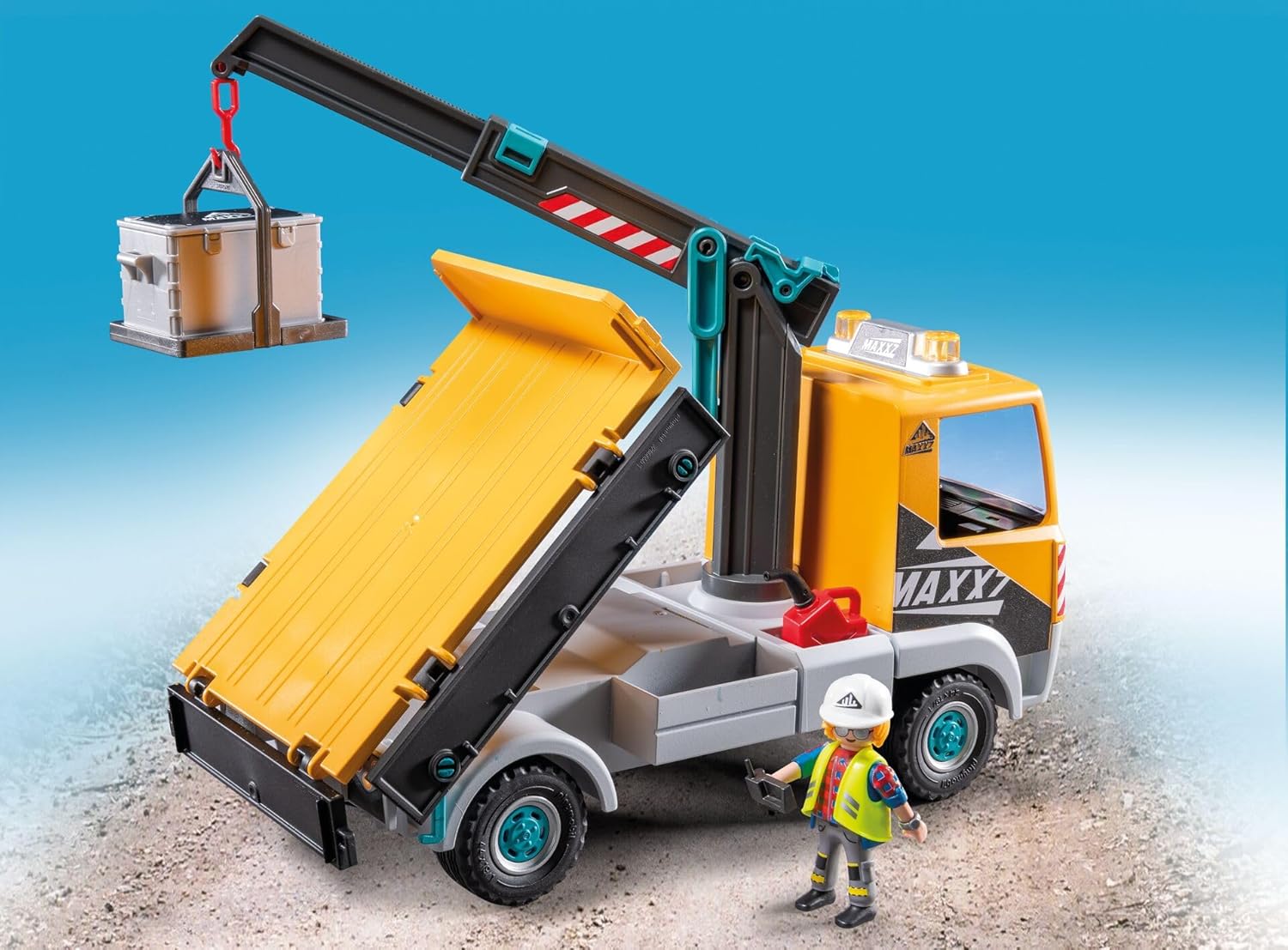 Rear view of the PLAYMOBIL Construction Site Truck with Crane, showing the loading bed tilted upwards for unloading.