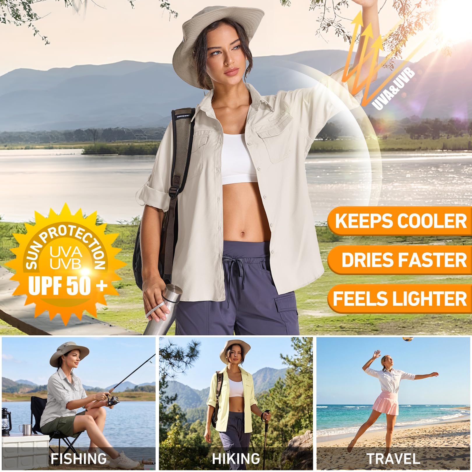 Camisas de safari para mujer, protección solar UV UPF 50+, manga larga, para exteriores, secado rápido, pesca, senderismo, jardinería