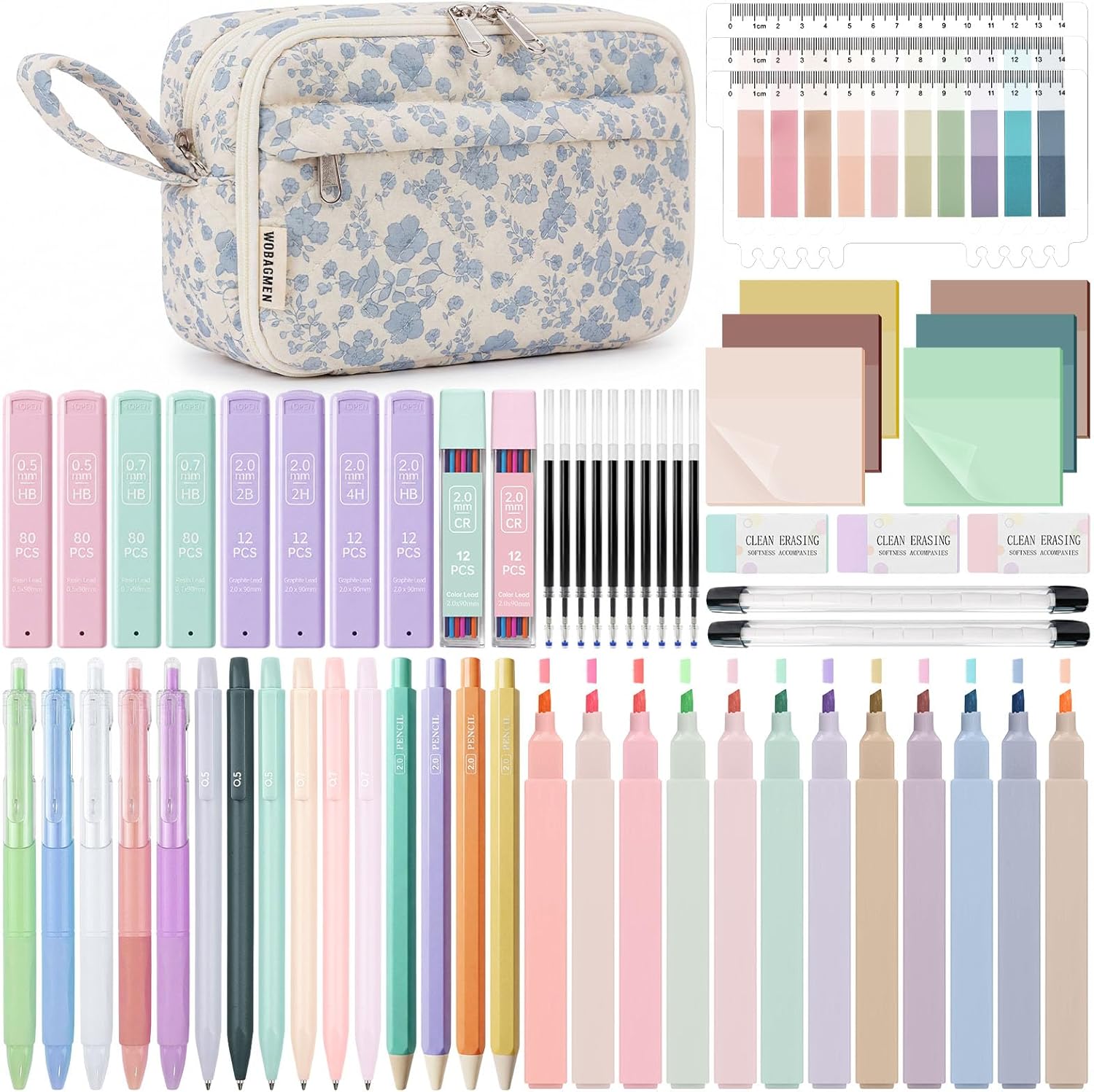 WOBAGMEN 62PCS Aesthetic School Supplies with Quilted Pencil Case, Pastel Highlighters, Gel Pens Mechanical Pencils Set, Cute Back to School Supplies, College Essentials(Pink Floral, M)