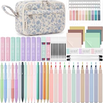 WOBAGMEN 62PCS Aesthetic School Supplies with Quilted Pencil Case, Pastel Highlighters, Gel Pens Mechanical Pencils Set, Cute Back to School Supplies, College Essentials Blue Floral, M