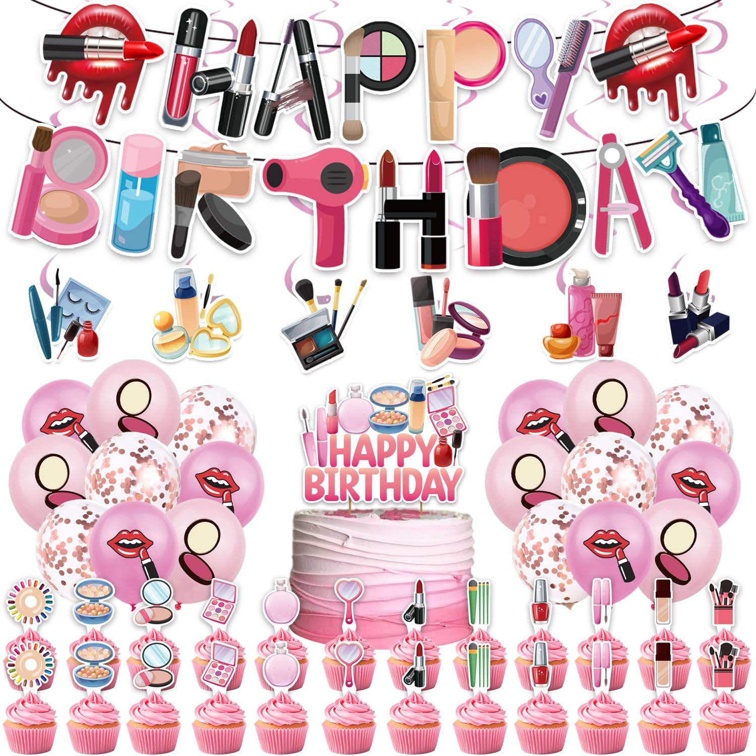 Makeup Spa Birthday Decoration Set, Pink Cute Beauty Happy Birthday Banner, Party Supplies with Banner, Hanging Swirl, Balloon, Cake Topper, Cupcake Topper