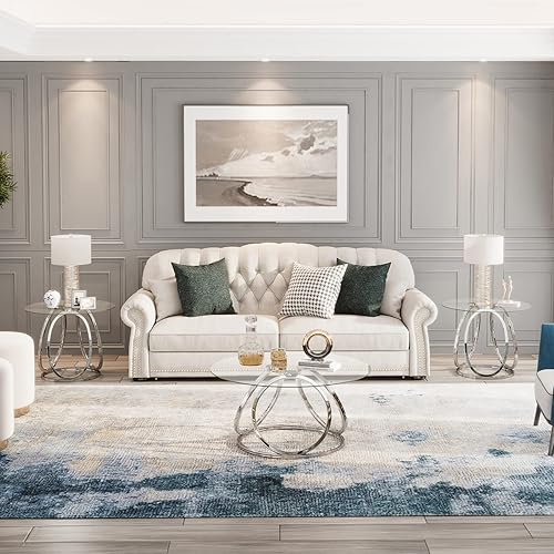 Miniatura 9 de O&K FURNITURE Mesa auxiliar plateada para sala de estar, mesa auxiliar de vidrio para dormitorio, moderna mesita de noche redonda de vidrio con