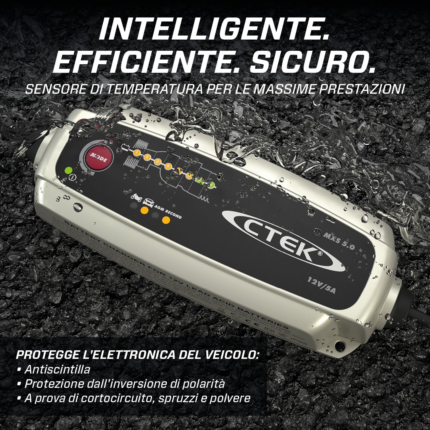 CTEK MXS 5.0, Caricabatterie 12V 5A, con Compensazione della Temperatura Integrata, Caricabatterie Auto e Moto, Caricabatterie Intelligente, Manutentore della Batteria con Modalità Ricondizionamento