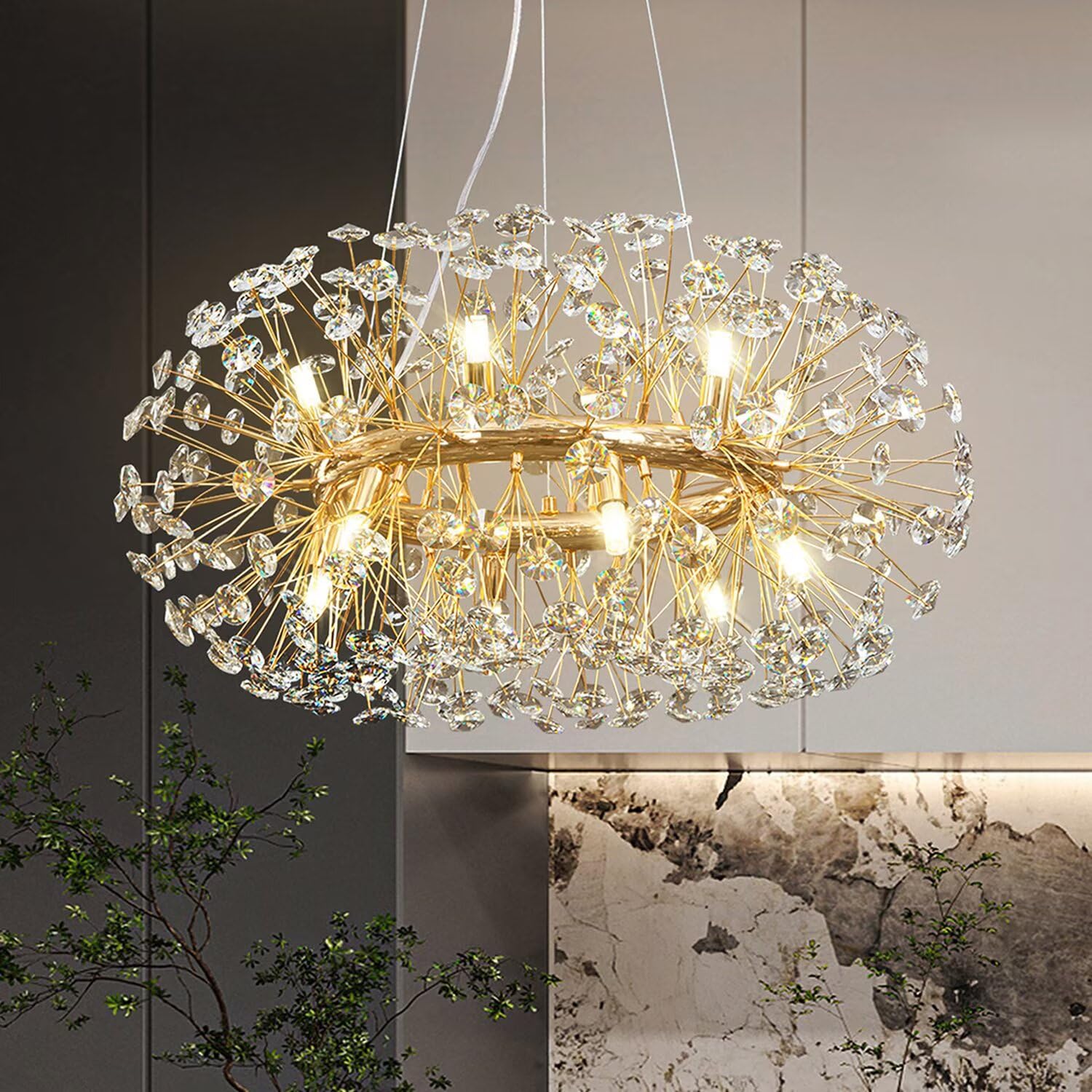 EFPD Modern Crystal Chandelier, Gold Dandelion Pendant Light, Suitable for Dining Rooms, Living Rooms, Kitchens, and Bedrooms, Luxury K9 Crystal Light Fixture (Gold, 12 Lights)