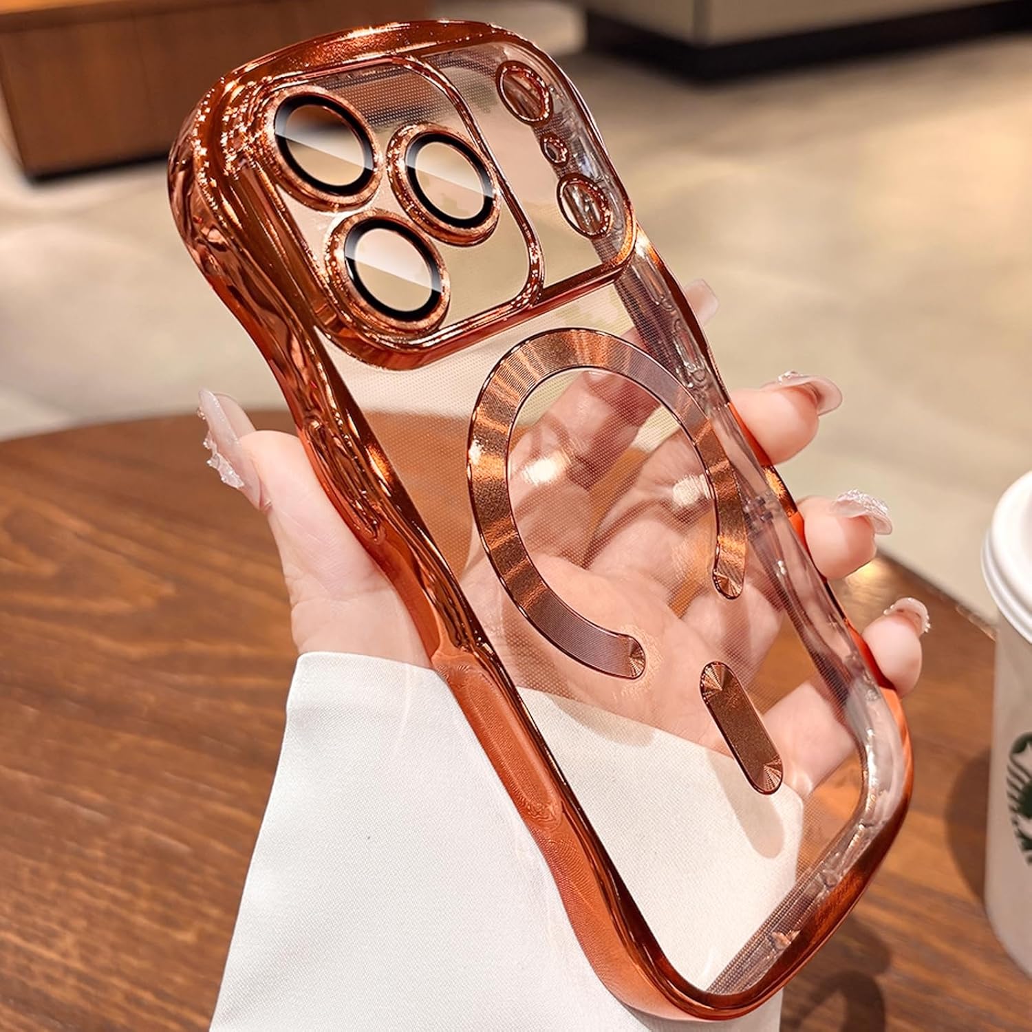 Wavy Magnetic for iPhone 17 Pro Case 6.3" [Compatible with MagSafe] [Not-Yellowing] Full Camera Protector Plating Clear Shockproof Phone Cover for Women Men,Orange - Image 4