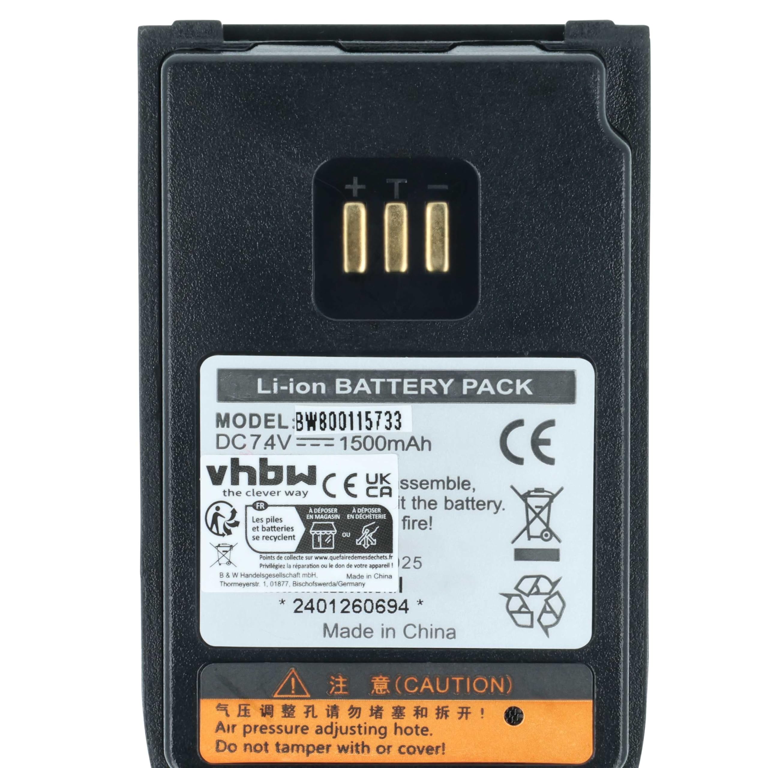 vhbw 2x batteria compatibile Hyt/Hytera PD502 PD560 UL913 PD506 PD505 PD502i-UL PD500 UL913 radio 1500mAh 7,4V Li-Ion