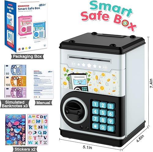 Miniatura 9 de PhilaeEC - Alcancía azul oscuro para niños con bloqueo de código de contraseña y ranura para billetes de agarre automático, caja de ahorro de dinero