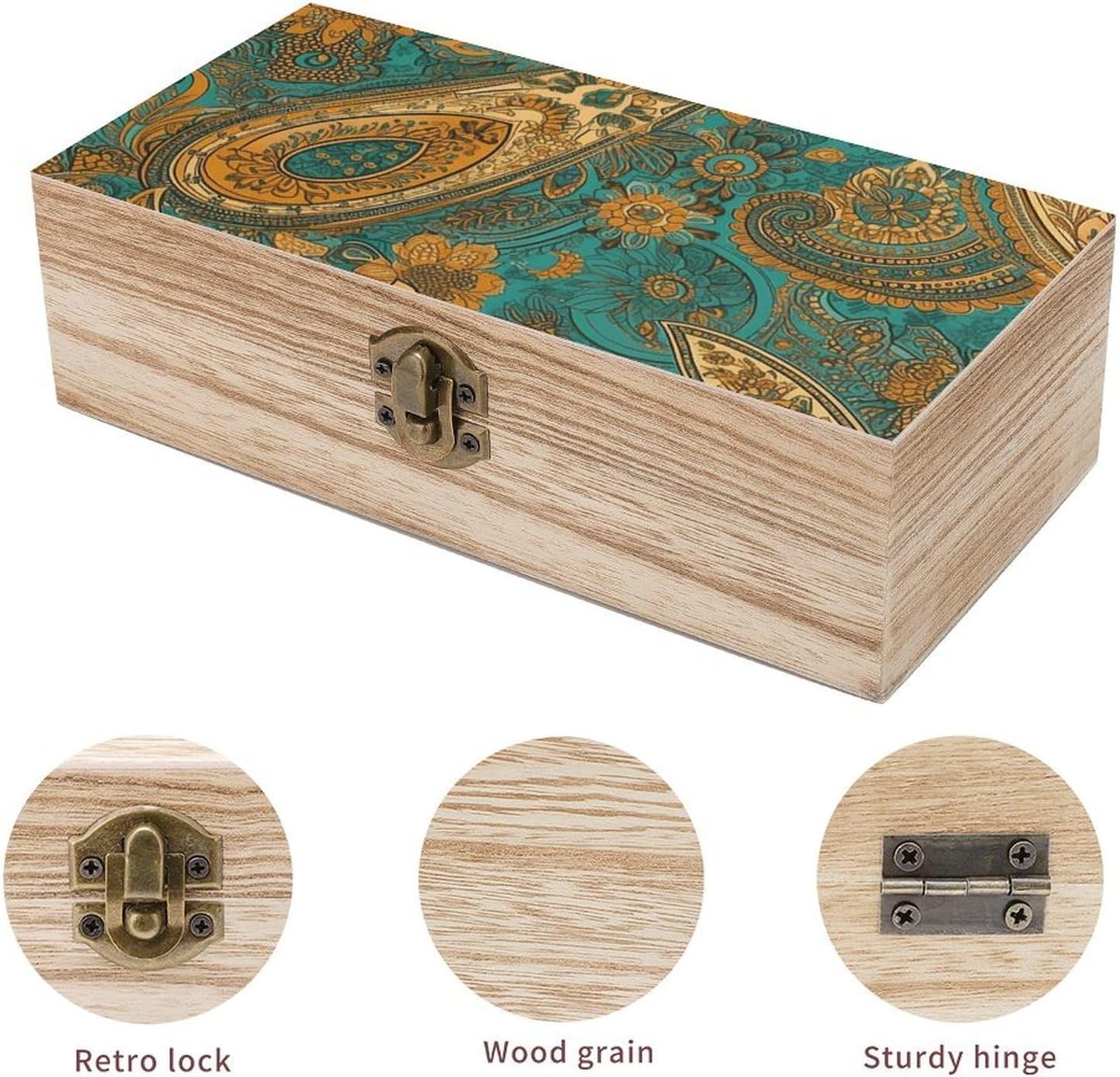 Yellow Paisley Pattern Wooden Box with Hinged Lid, Large Photo Storage Box for Women Men, Keepsake Treasure Chest Boxes, Jewelry Organiser Case, Memory Case, 7.9'' X 3.9'' X2.3''