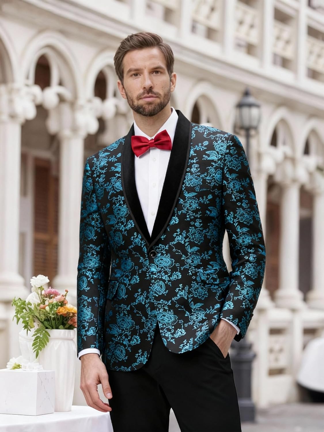 MY'S Men's Velvet Floral Blazer, One Button Tuxedo Jacket, Shawl Lapel Suit Coat for Dinner Prom Party Wedding
