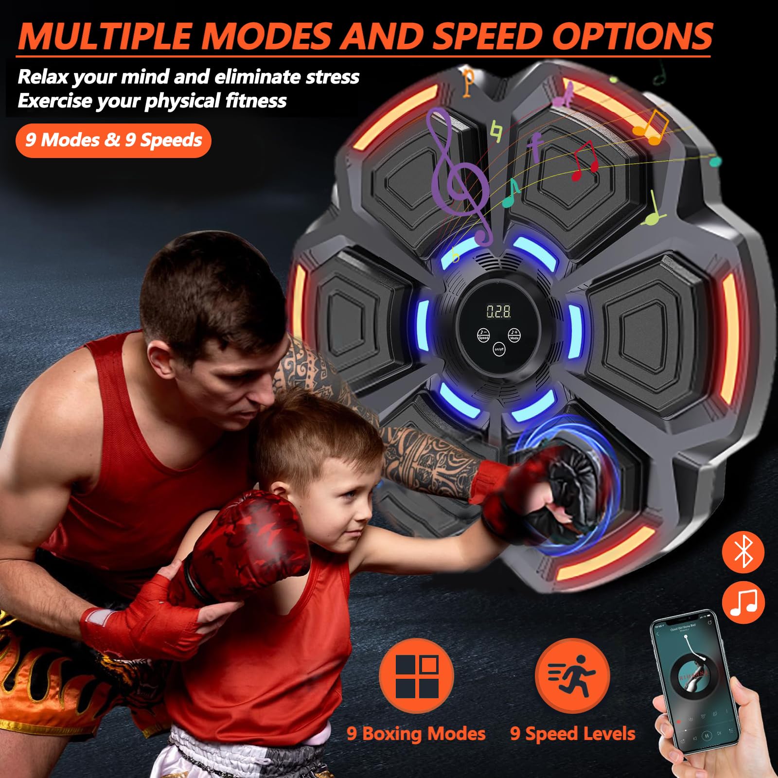 VHV Machine de Boxe Musicale, Machine de Boxe Musicale Adulte, 9 Modes de Vitesse Cible Boxe Mural Musique - Comptage Intelligent et Bluetooth Musicboxing pour Enfants Entraînement à la Maison