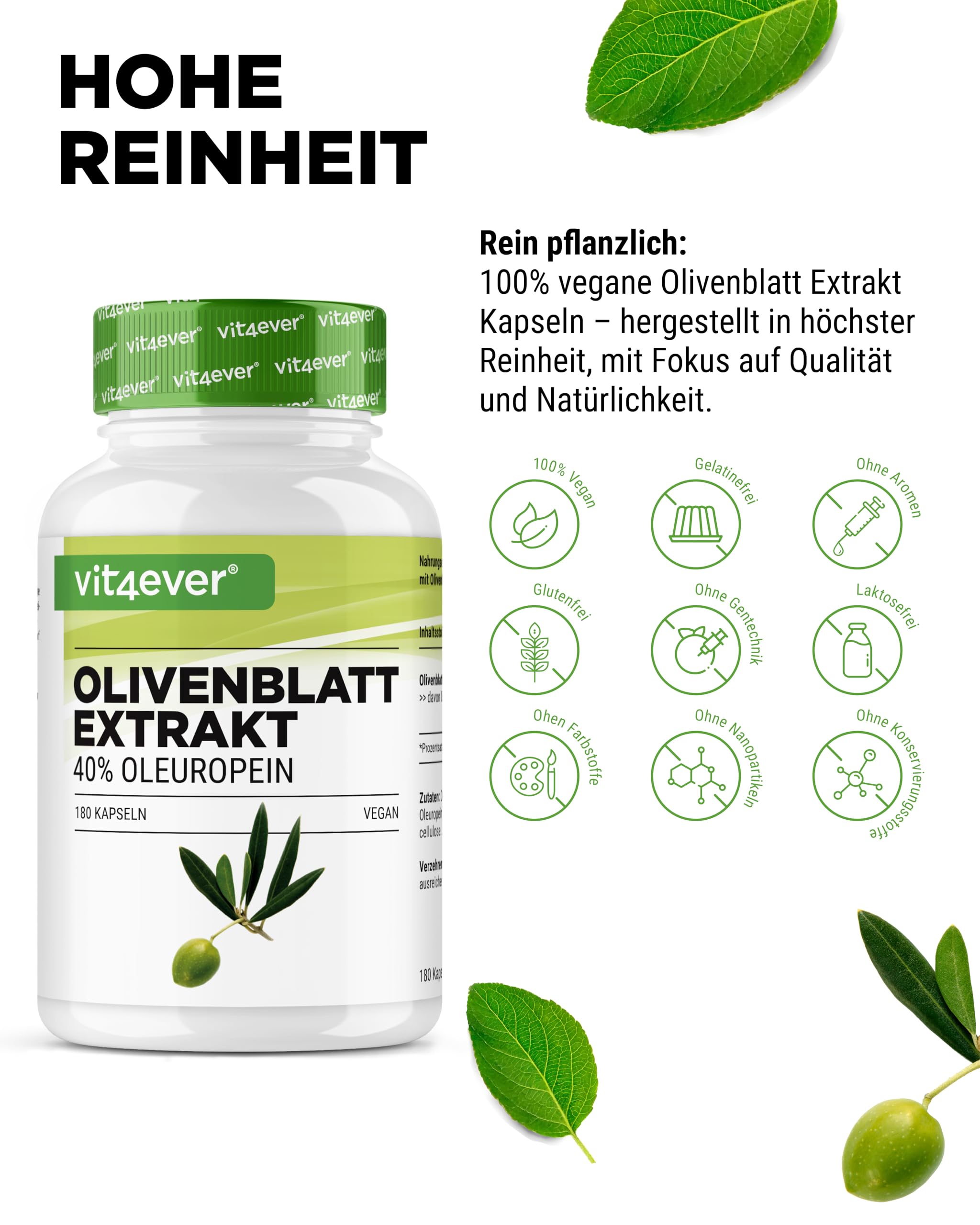 vit4ever Olivenblatt Extrakt - 180 Kapseln mit je 750 mg - 40% Oleuropein entspricht 300 mg - Hochdosiert - Vegan - Premium Qualität - ohne unnötige Zusätze