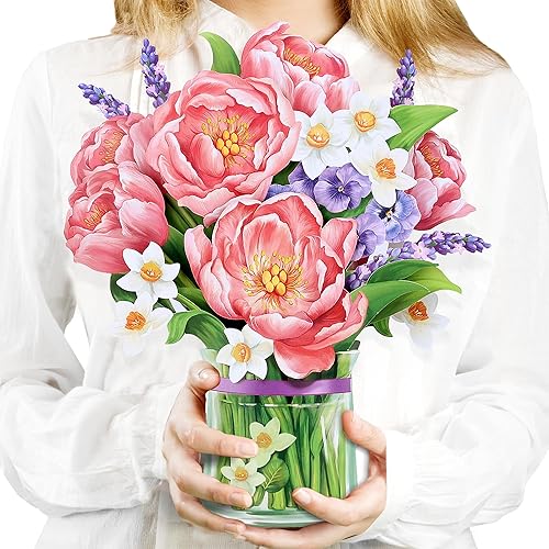 Airpark Tarjeta de ramo de flores emergentes de papel, peonías rosas, tarjetas de regalo de 12 pulgadas, tarjetas emergentes 3D de papel con tarjeta