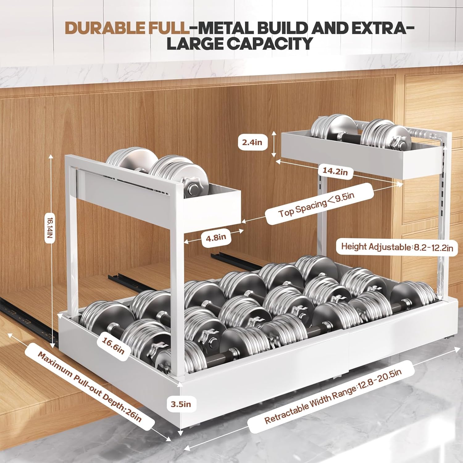 Expandable Under Sink Organizer with 3 Ball-Bearing Slide Rails, 2-Tier Pull-Out Under Cabinet Storage Shelf for Kitchen & Bathroom, Height-Adjustable Slide-Out Cabinet Drawer （White, 1-Pack） - Image 2