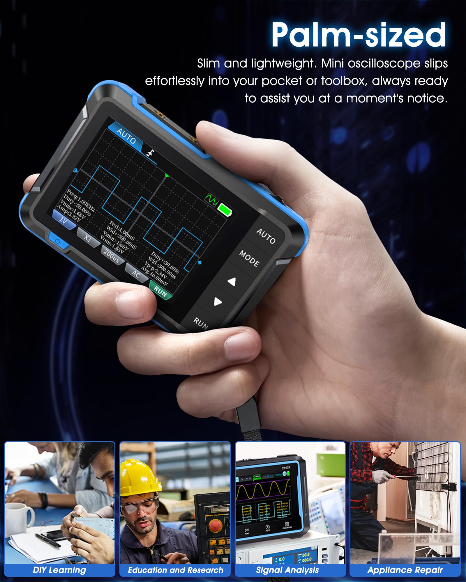 2-in-1 Handliches Oszilloskop, WapoRich DSO153 Digitaloszilloskop mit Signalgenerator 1 MHz, 5 MSa/s, 14 Signalformen, Online Update Kompaktes Mini-Oszi für unterwegs