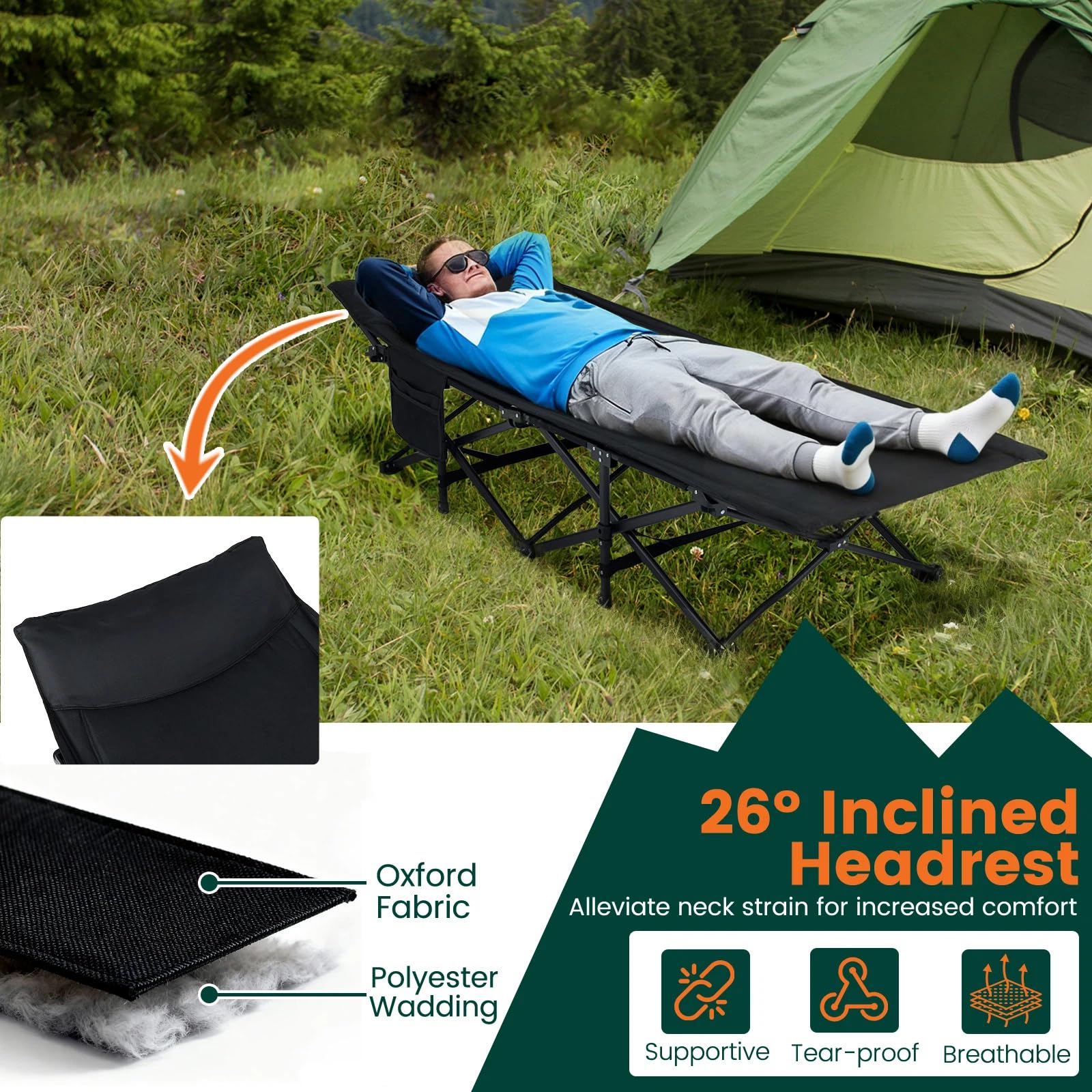 KOMFOTTEU Letto da campeggio con borsa portaoggetti, letto da campo pieghevole con borsa laterale, letto esterno per 1 persona poggiatesta inclinato, carico di 180 kg, per viaggio, campeggio, 189 x 69