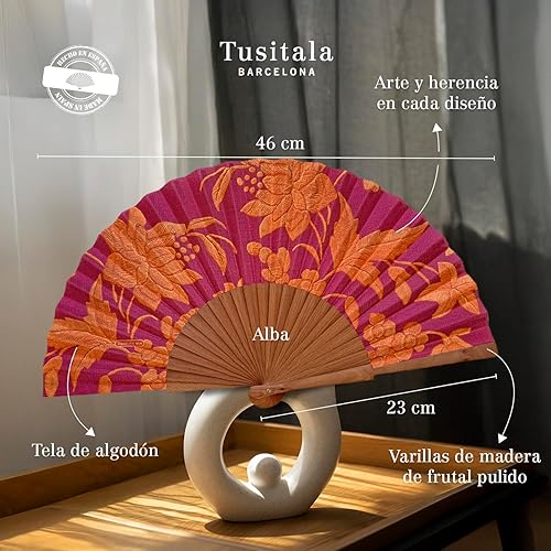 Miniatura 6 de Candela Spanish Fan - Madera y Algodón - 9.1 in - Estuche y estuche de yute - Accesorio de moda - Hecho a mano en España - Eventos y Regalos -