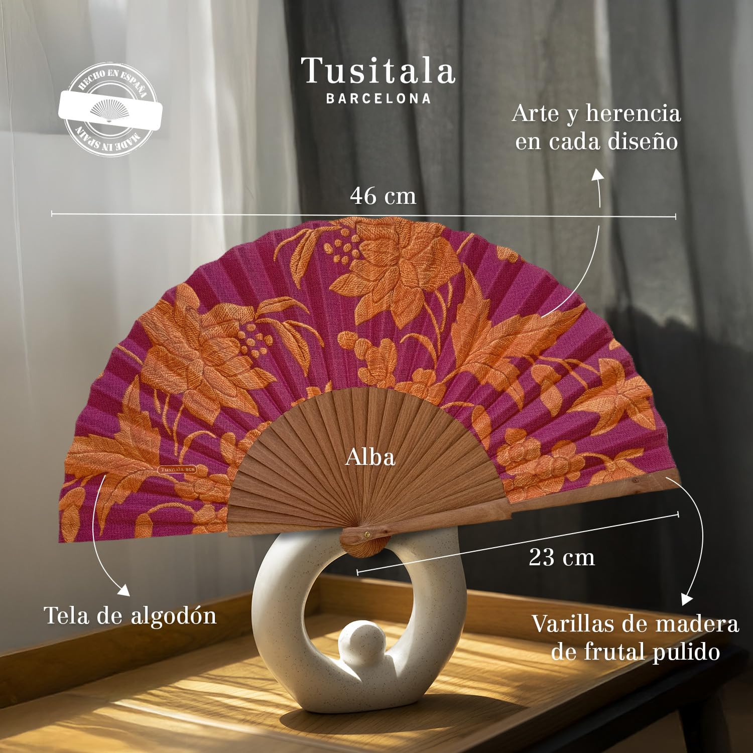 Abanico Español Mafalda - Madera y Algodón - 23 cm - Estuche y Funda de Yute - Accesorio de Moda - Hecho a Mano en España - Eventos y Regalos - Colección Mantón
