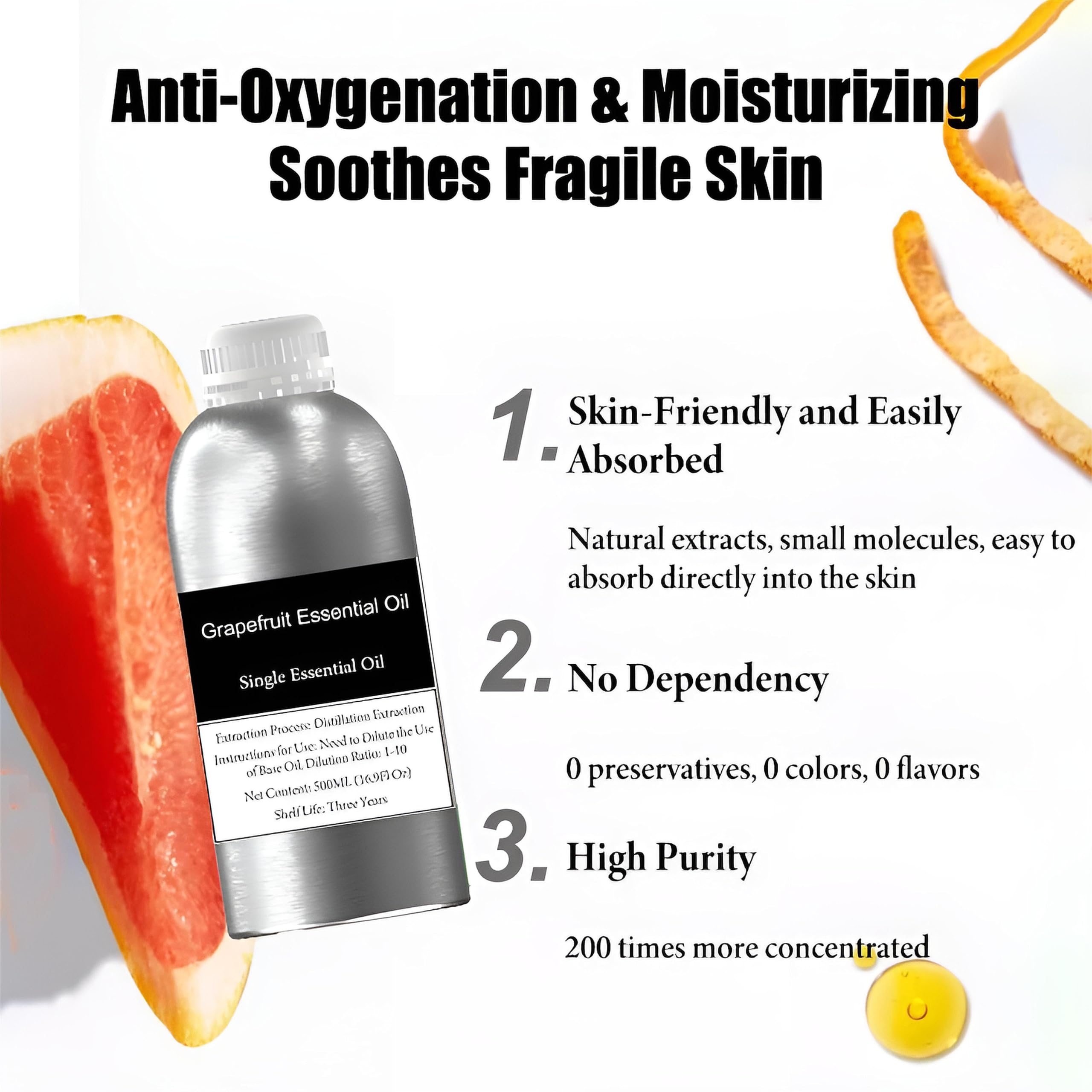 100% reines ätherisches Grapefruitöl für die Haut- und Haarpflege, zur Herstellung von Kerzen und Seife, Bio-Grapefruitöl in therapeutischer Qualität zur Gewichtsabnahme, Aromatherapieöl(500ml)