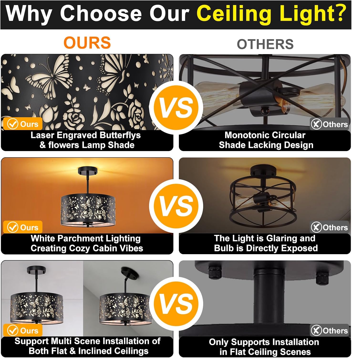 Semi Flush Mount Ceiling Light,White Parchment Metal Rustic Ceiling Light Fixture with Butterfly Design,3-Lights Drum Industrial Black Chandeliers for Dining Room,Kitchen,Bedroom,Cabin,Hallway