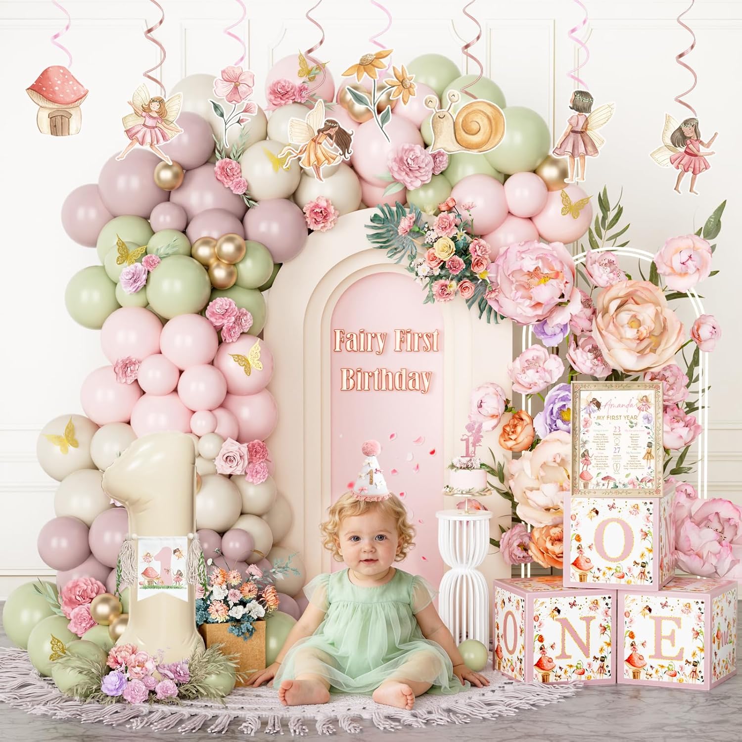 Fairy First Birthday Decorations, 156 PCs 1st Birthday Decor Girl Party Supplies Cake Cupcake Toppers Backdrop Tablecloth Hanging Swirls Foil Balloon 3D Butterflies Hat Poster Banners Marker