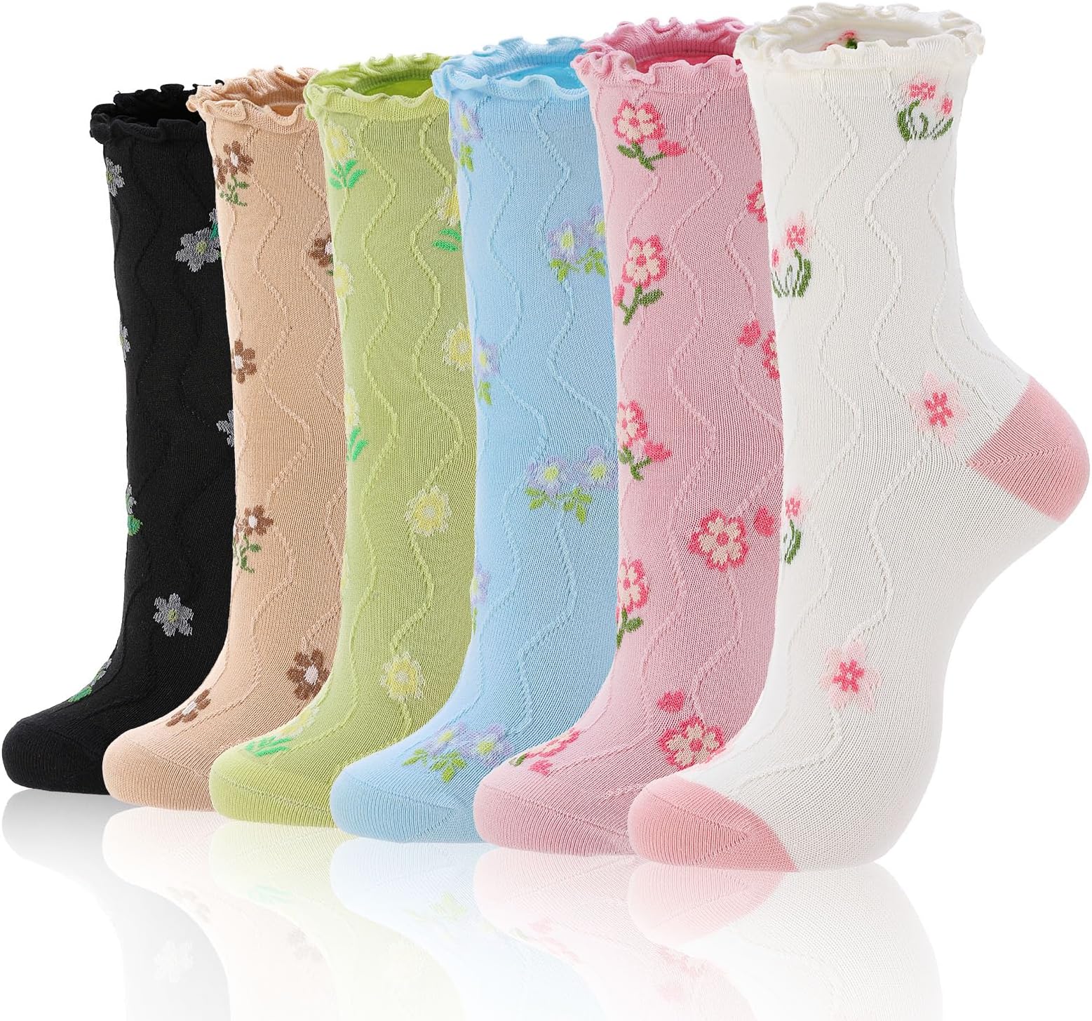 6 Pairs Women Ruffle Crew Socks Vintage Patterned Ankle Casual Fashion Dress Sock Cute Floral Socks Size 4-8