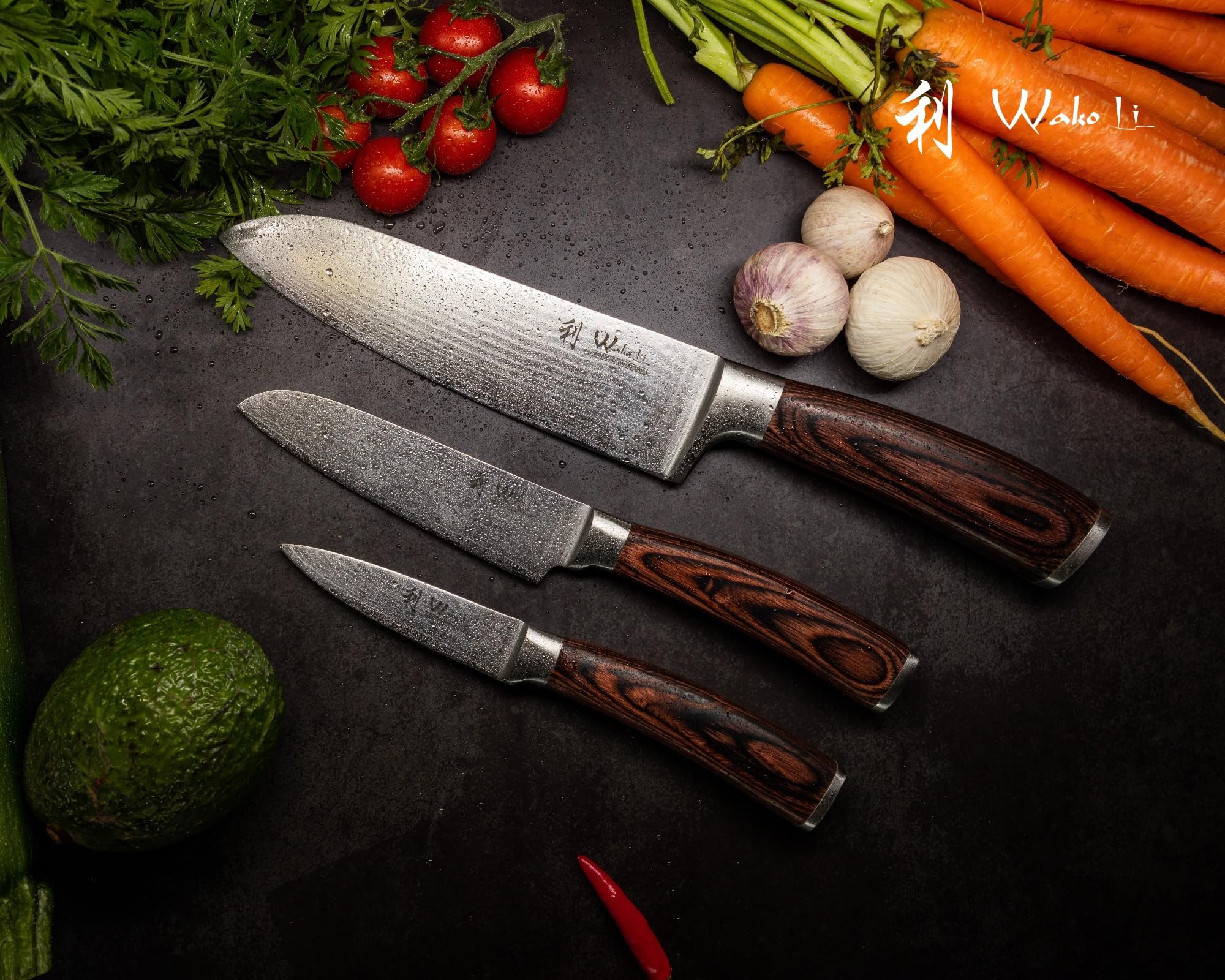 Wakoli Edib Set de 3 couteaux en Damas I Lames en acier damassé à 67 couches avec noyau VG10 et manches en bois de pakka I Couteaux de cuisine professionnels & couteaux damassés dans une boîte en bois