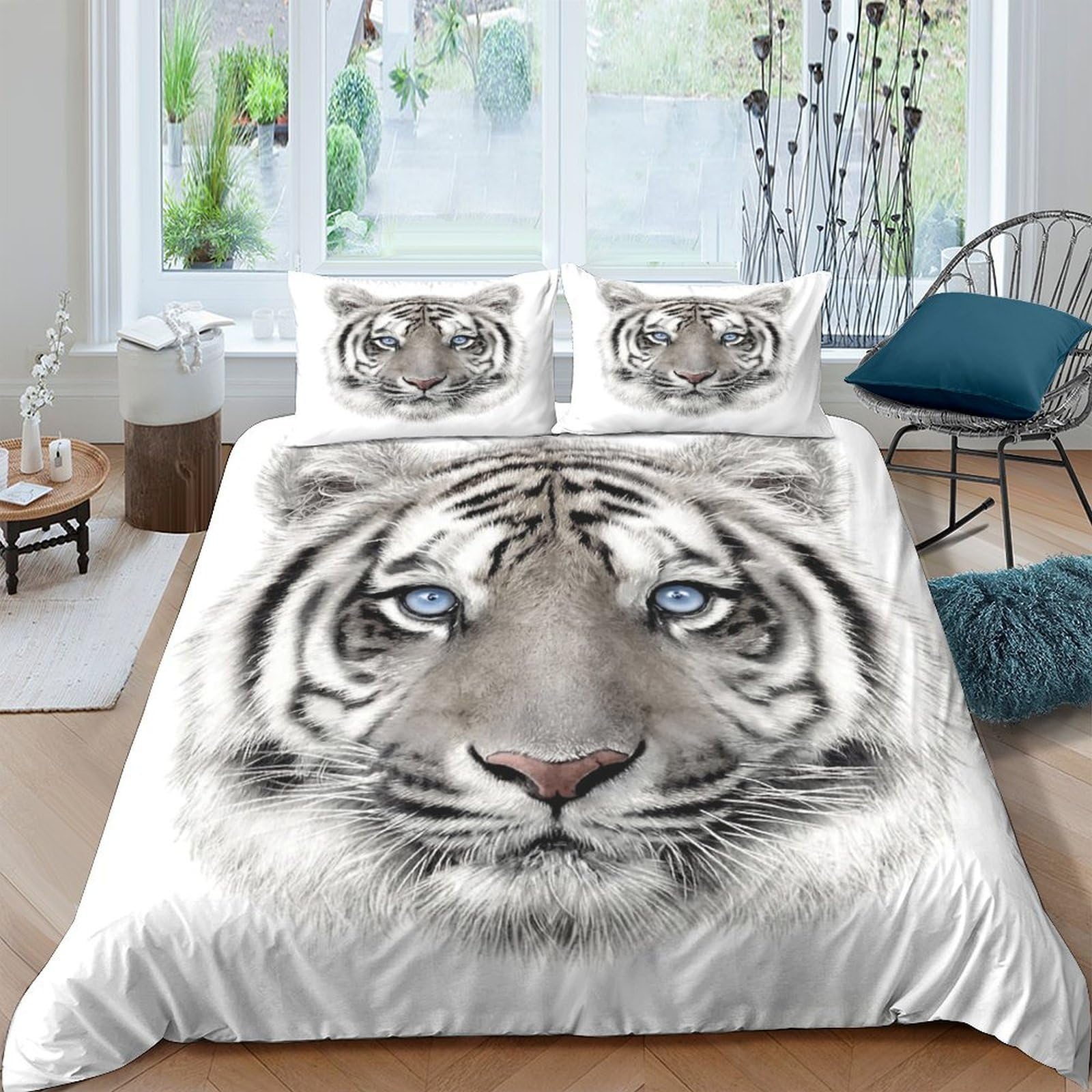 Ctjqhvkz Style-2 3D Printed White Tiger Fitted Sheet Microfiber Soft Animal Face Bed Cover For Bedroom Decor Mattress Protection Single（135X200cm）