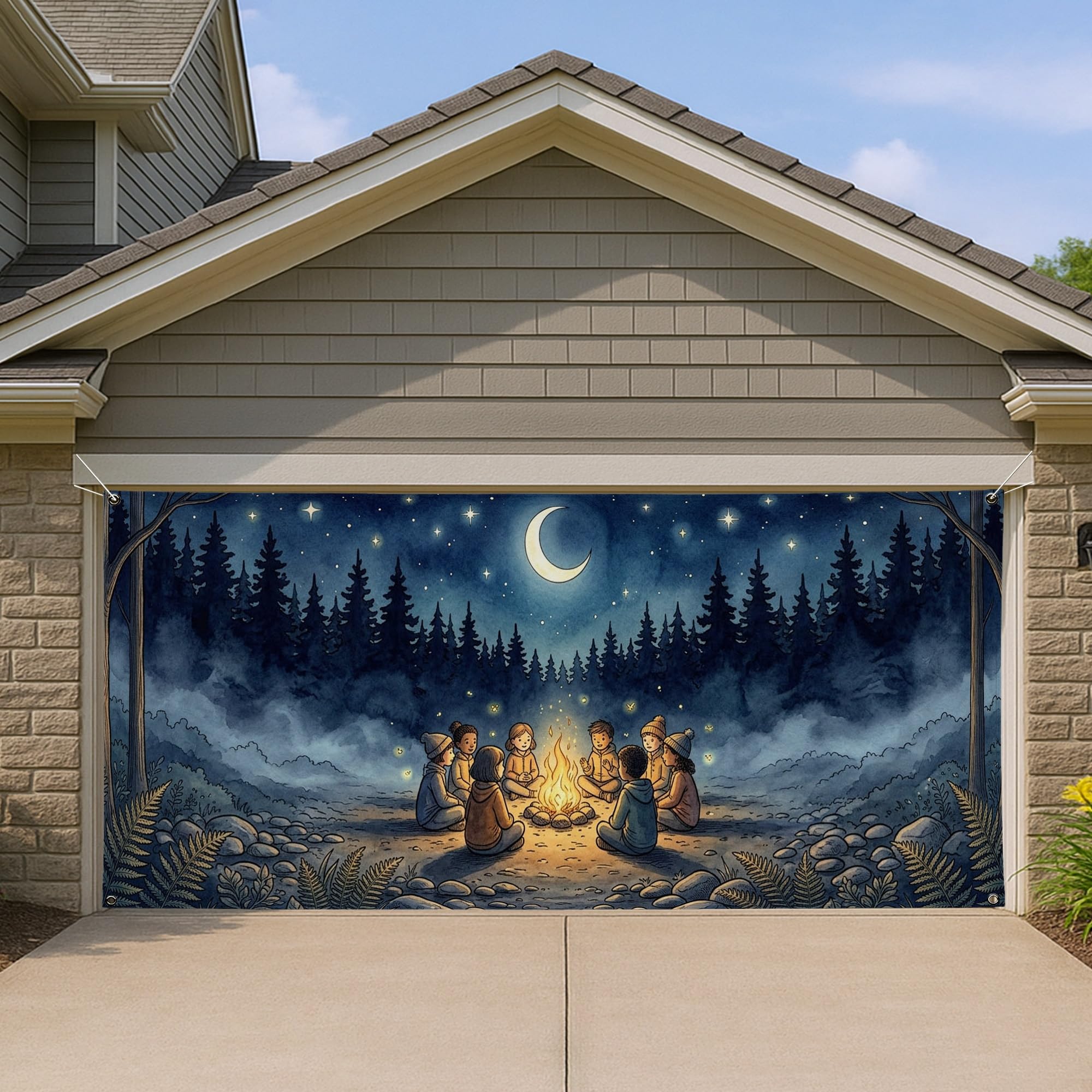 Housse de porte de garage feu de camp pour vos soirées d'hiver 397x180 cm