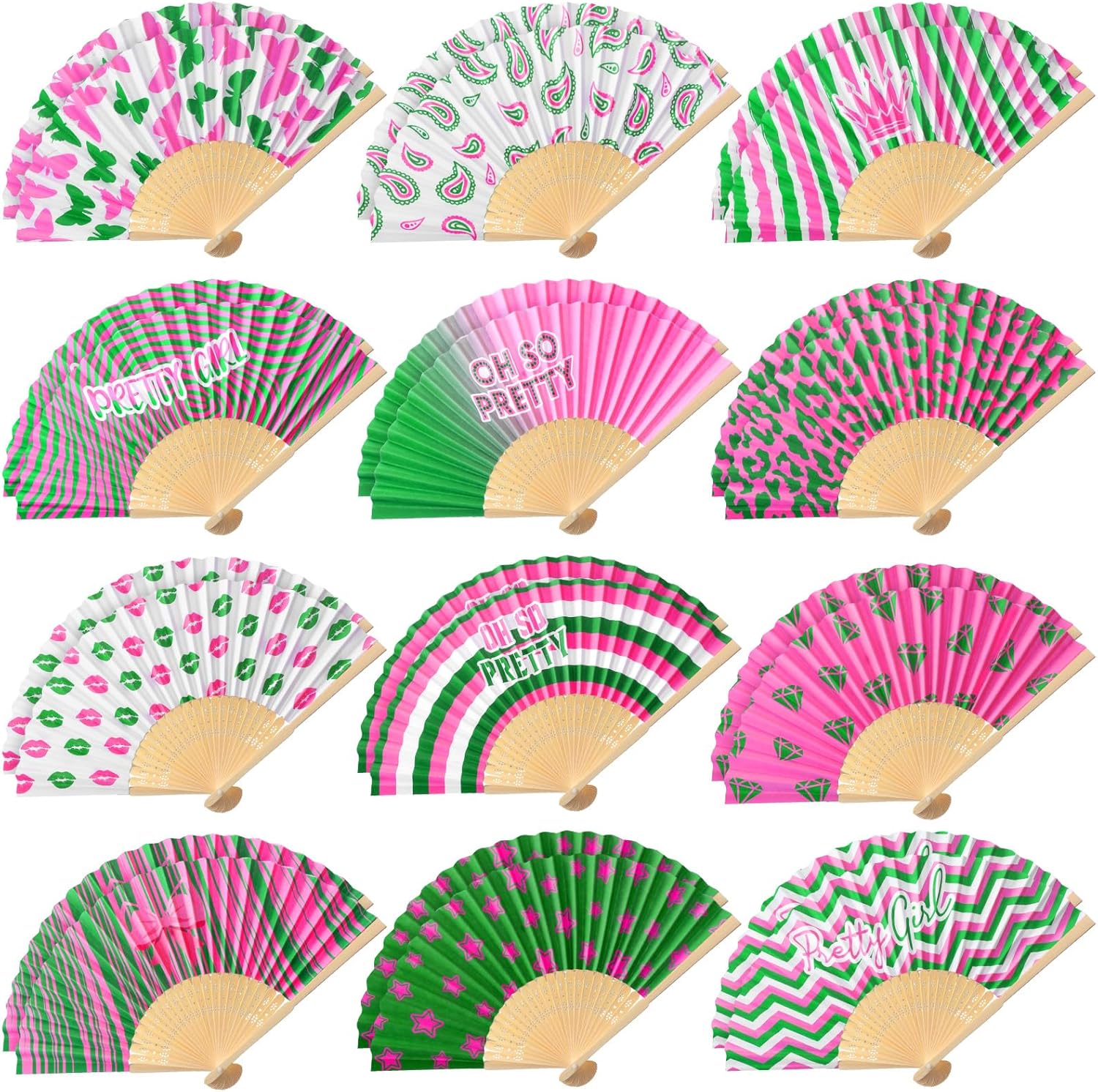 Wenqik 24 Pcs Pink and Green Sorority Folding Fans African American Sister Gift Dancing Paper Foldable Hand Fan for Women Sisterhood Events Sorority Party Favors Decoration