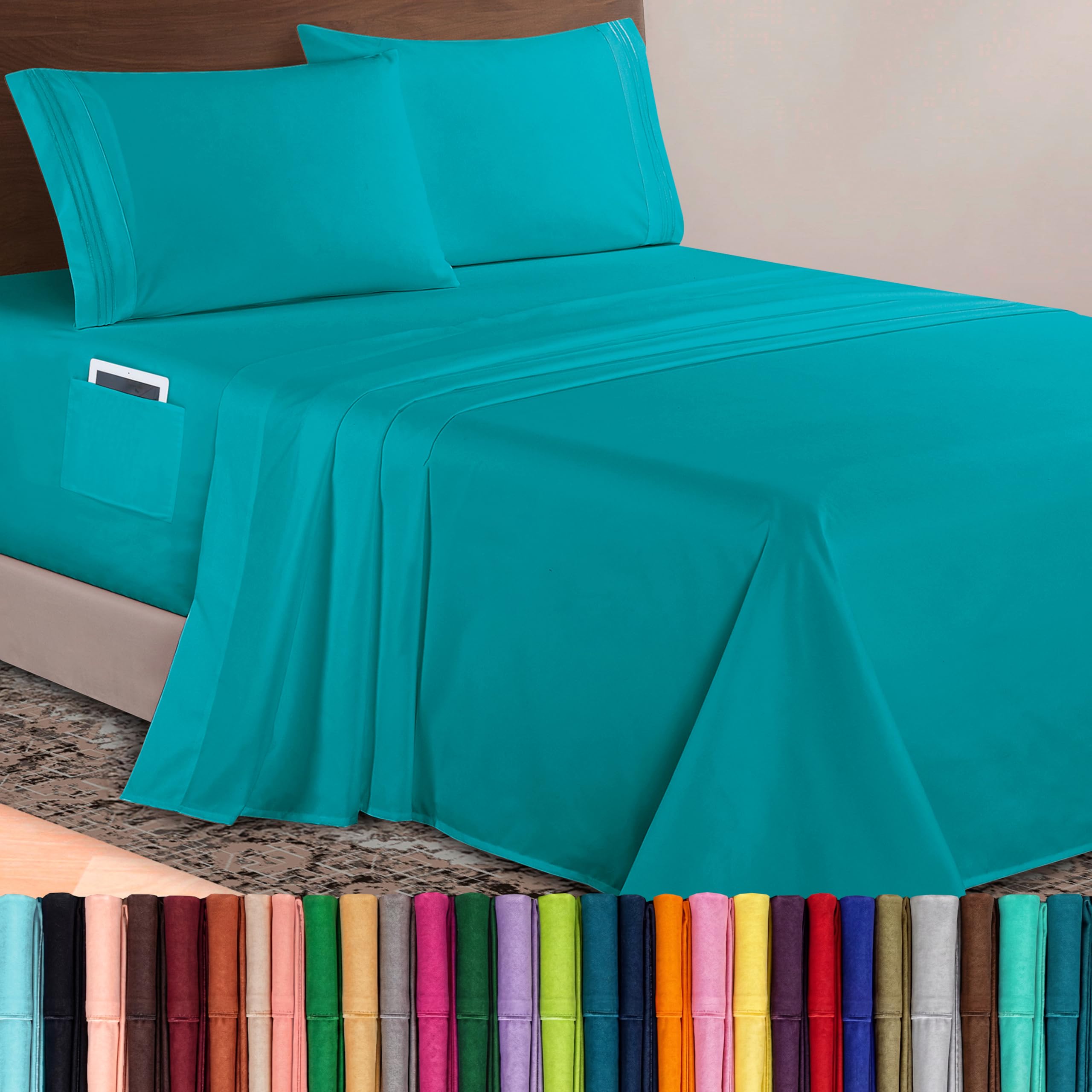 Elegant Comfort Luxurious 1500 Premium Hotel Quality Microfiber 4-Piece Sheet Set, 18-24 Inches Deep - Extra Deep Pocket Sheets - Ultra Soft 4PC Deep Pocket Sheets, Twin/Twin XL, Turquoise โ image 1