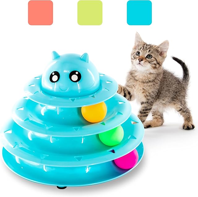 FurDreams Cat Roller Ball Toy Interactive - Blue | 3 Tier Tower Fun Cat Ball Toy with 3 Colour Balls | 3 Level Cat Teaser Toy with Cat Play Balls | Cat Puzzle Toy for Exercise and Stimulation