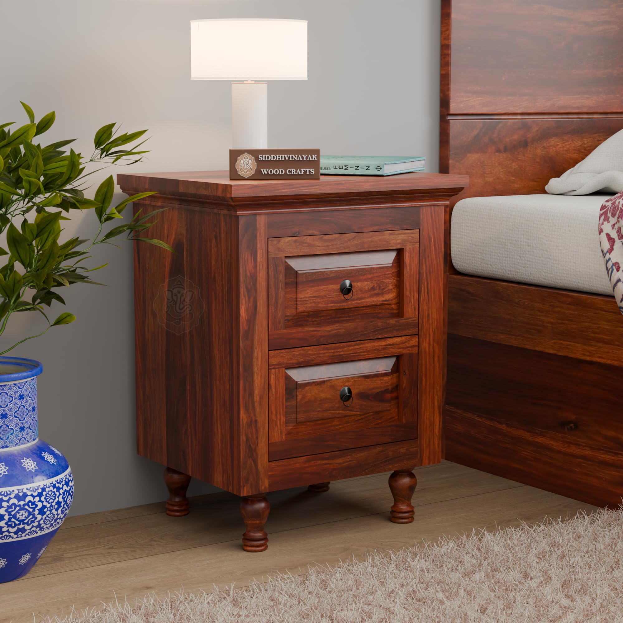 Solid Sheesham Wood Bedside Table For Bedroom | Wooden Bed Side Nightstand End Table with 2 Drawers Stoarge for Home & Hotels | Storage Side Table for living room, Honey Finish-image-45