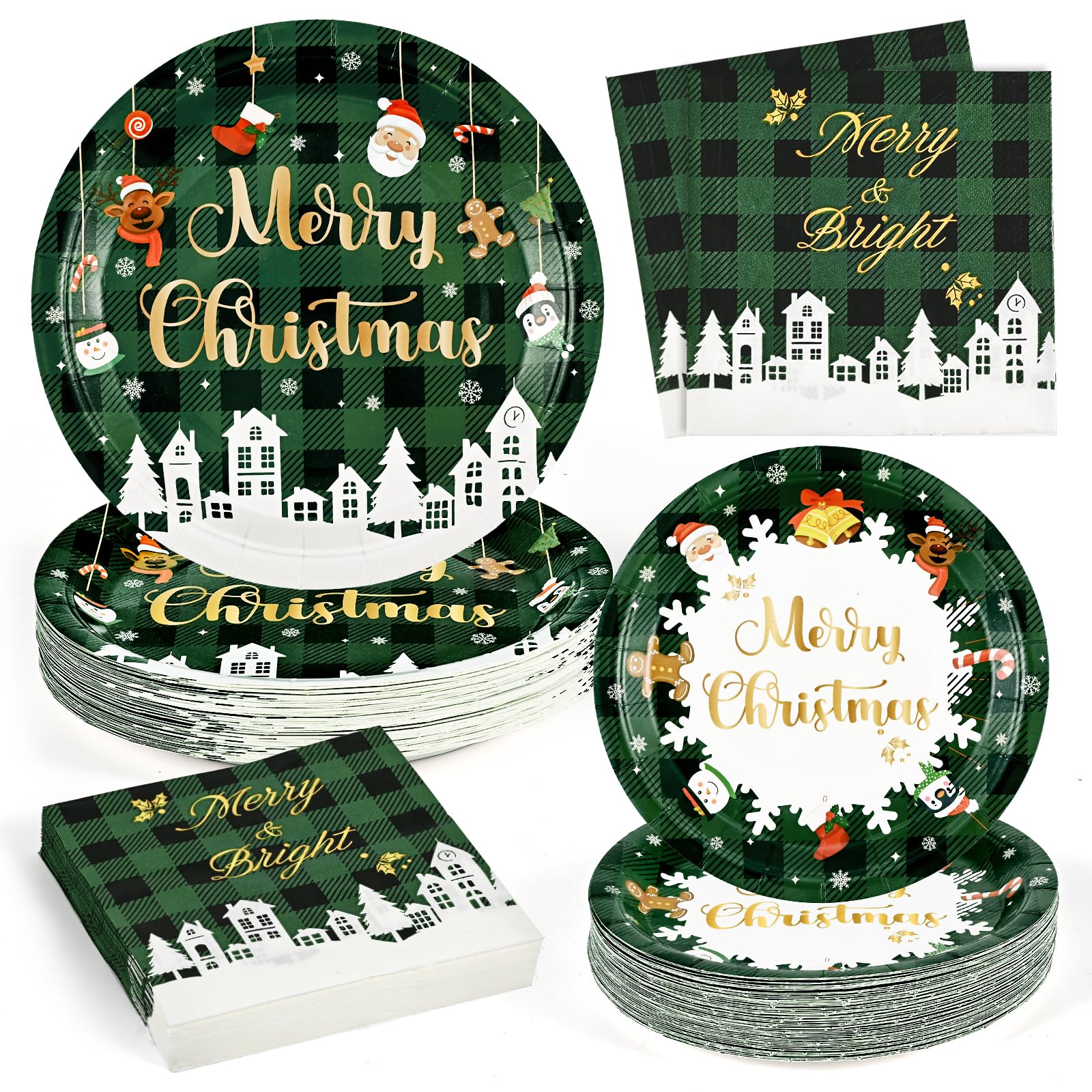 Photo 1 of (READ FULL POST) Homlouue Christmas Paper Plates and Napkins, Merry Christmas Party Supplies for Christmas Party Table Decor, Holiday Dinnerware Serves 50 Guests, Christmas Plates Disposable with Santa & Reindeer Green Plaid Merry Christmas