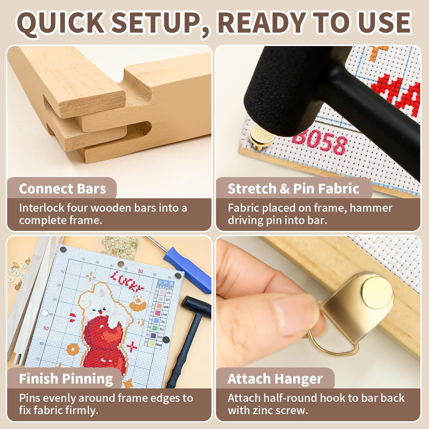 16PCS Stretcher Bars Kit for Needlepoint Solid Wood 8 10 12 16 Inch Canvas Stretching Bars with Tacks Puller Mallet Hangers Screws for Embroidery Tapestry Stitch Craft Framing