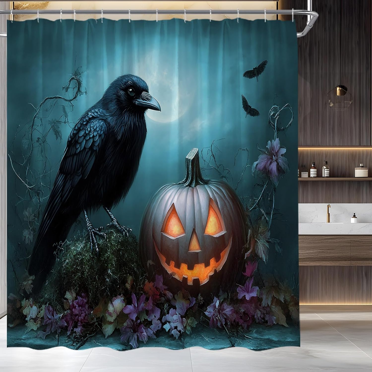 Spooky Halloween Shower Curtain Horror Black Crow Pumpkin Bat Gothic Moon Night Home Fabric Bathroom Decor Set Include Hooks,(70" Wx74.8 H)