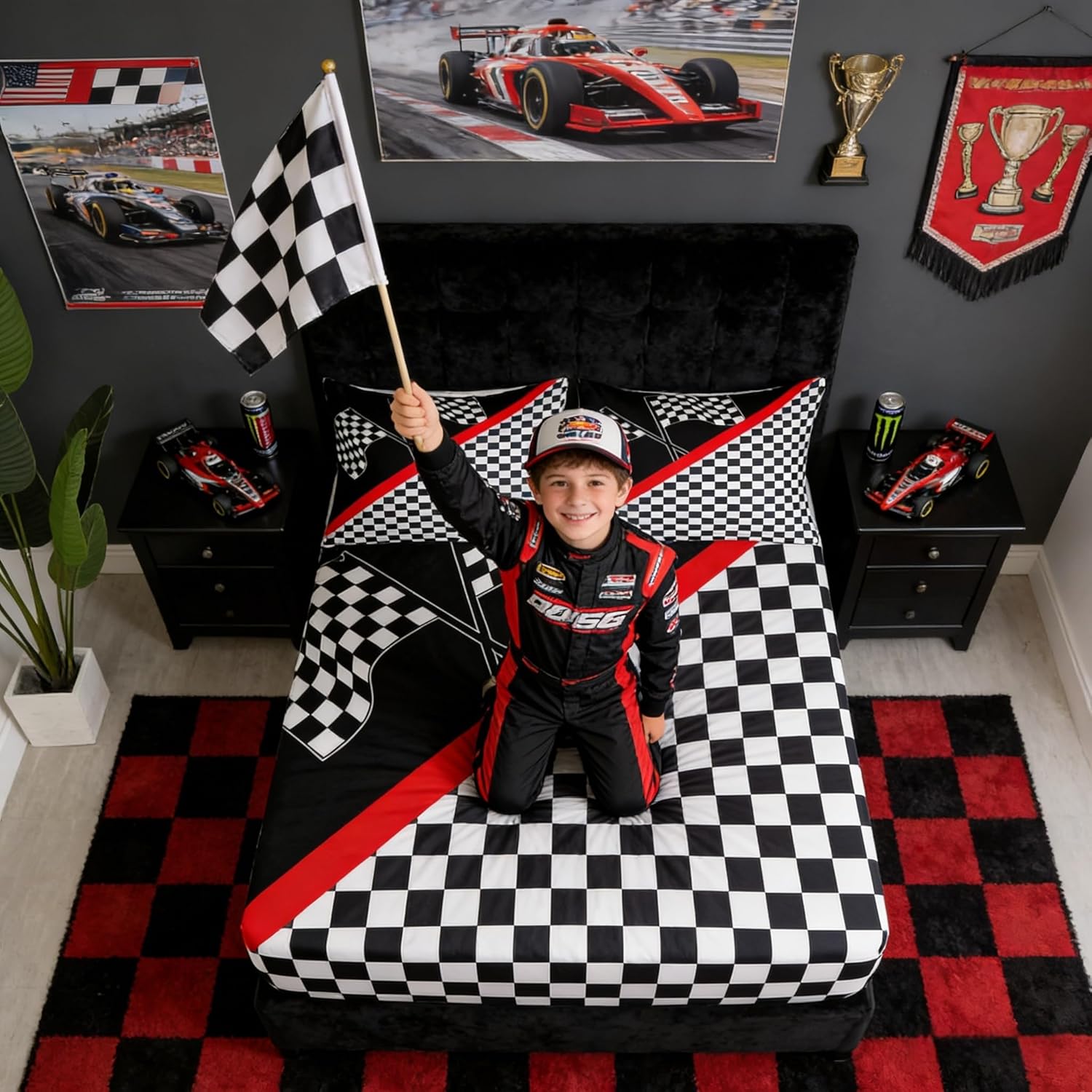 Racing Car Full Size Fitted Sheet,Race Car Flag Extreme Sports,Soft Fabric Bedding Deep Pocket,Geometric Grid Black White Check Bed Mattress Cover Decor, 2 Pillowcases