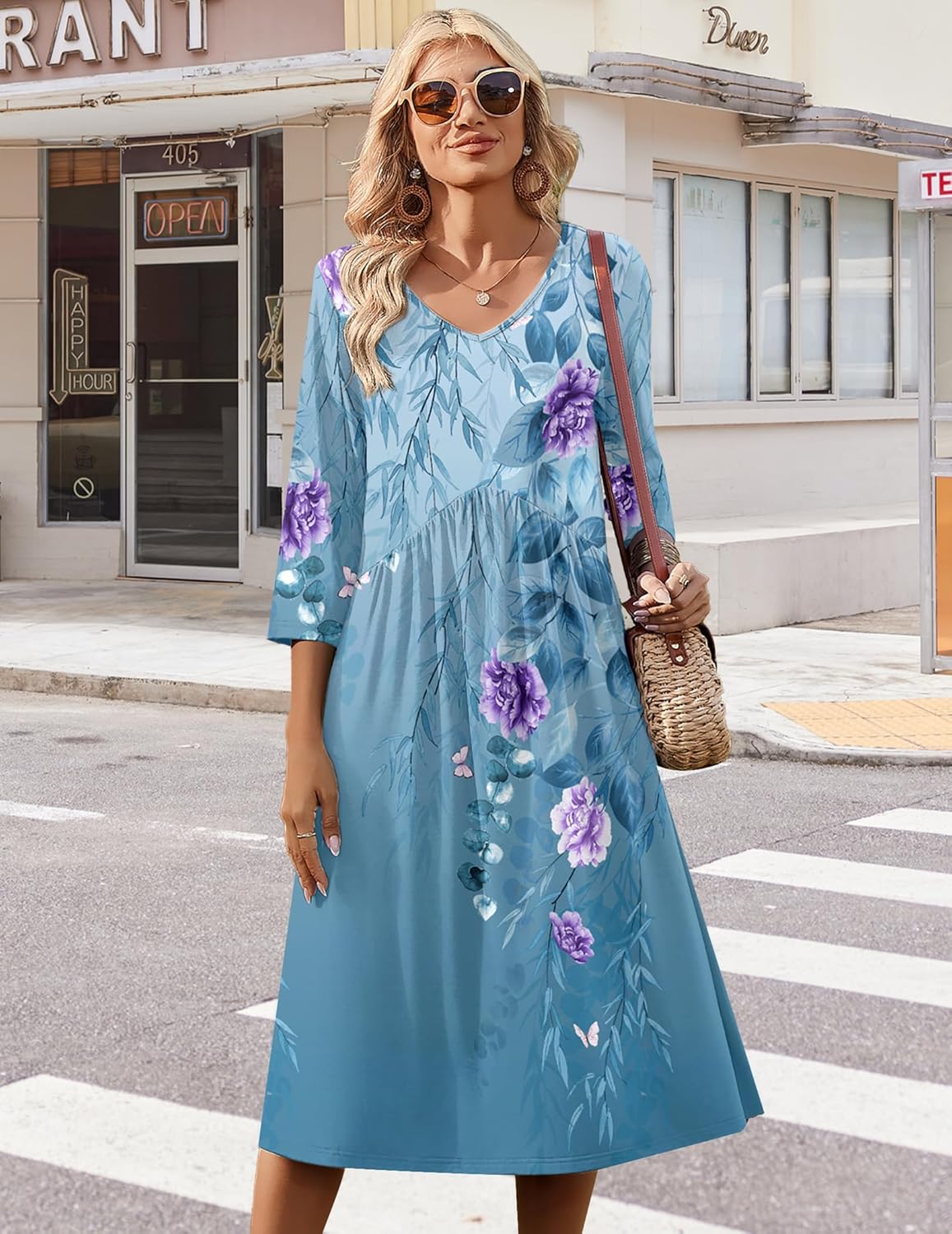 Zeagoo 3/4 Sleeve Women's Dress Casual Midi Tshirt Dresses with Pockets Empire Waist Summer Semi-Formal Boho Beach Sundress - Image 5