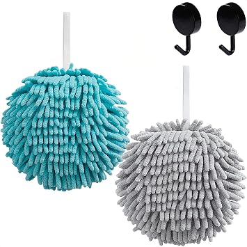 2 Pcs Fuzzy Ball Hand Towels, Microfiber Hand Towels for Bathroom with Hanging Loop, Soft Fast Drying Decorative Chenille Hand Bath Towels with 2 Hooks Grey+Blue