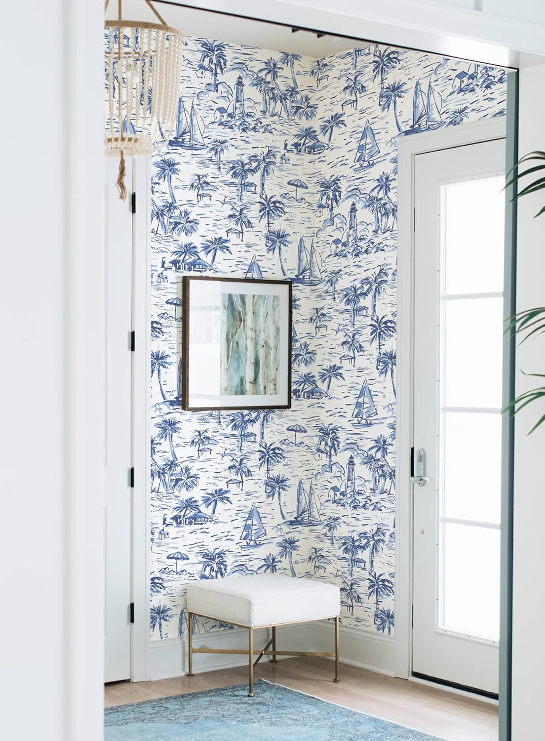 Navy Nautical Peel and Stick Wallpaper Toile Wallpaper for Bathroom French Vintage Contact Paper for Bedroom Walls Backdrop Cabinet Home Decor 17.3"x118" (Blue, 17.3"x118")