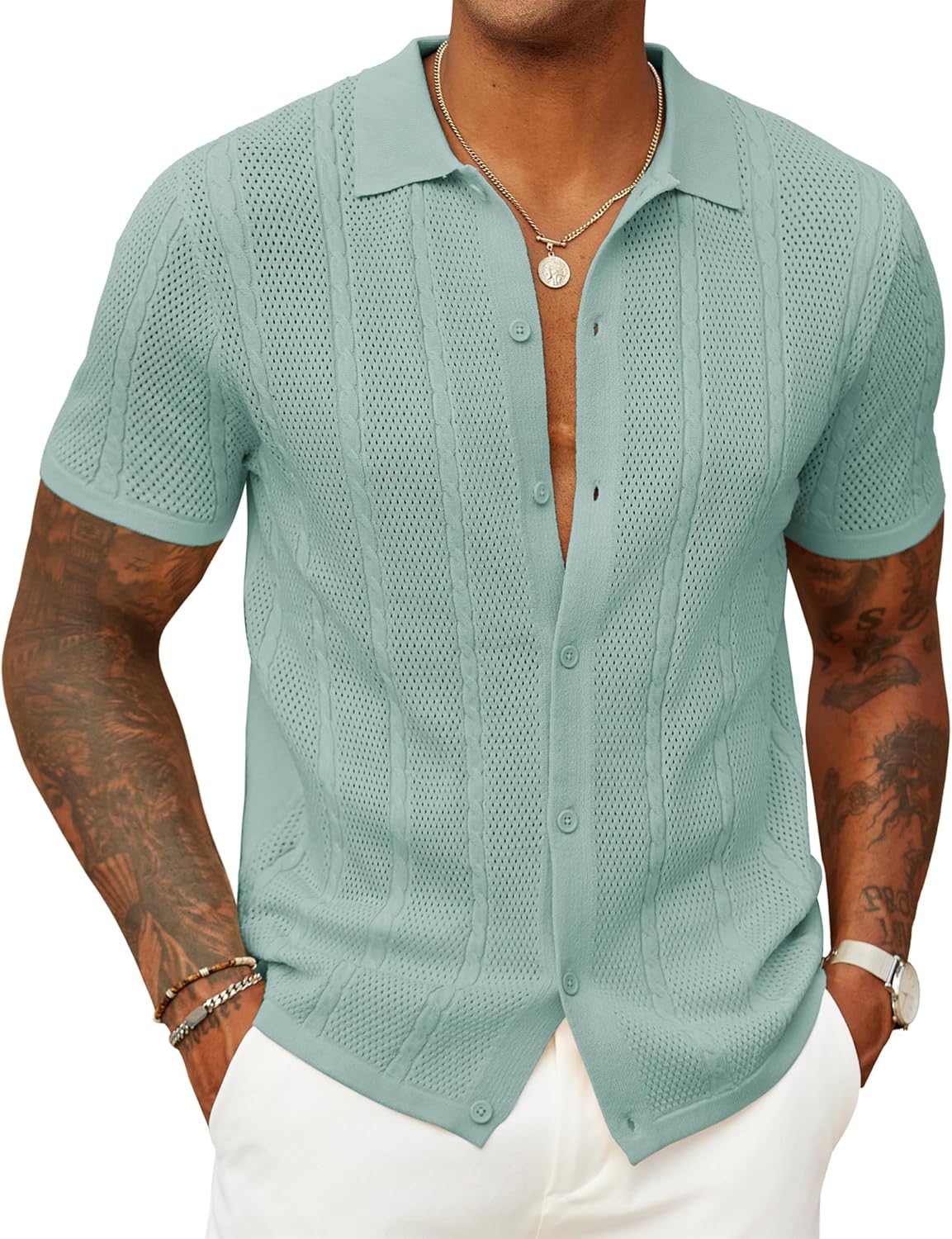COOFANDY Mens Knit Button Down Shirts Casual Textured Polo Shirt Short Sleeve Vintage Summer Beach Tops