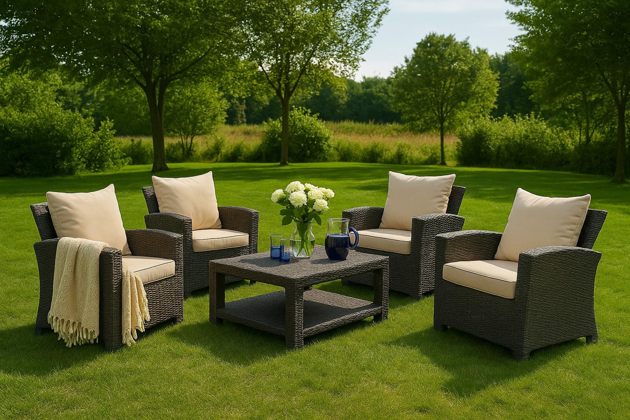 Cuscini per Poltrone da Giardino – Morbidi e Confortevoli, Ideali per Mobili in Rattan, Sedie Relax e Divani da Esterno – Set di - Seduta + Schienale (Beige)
