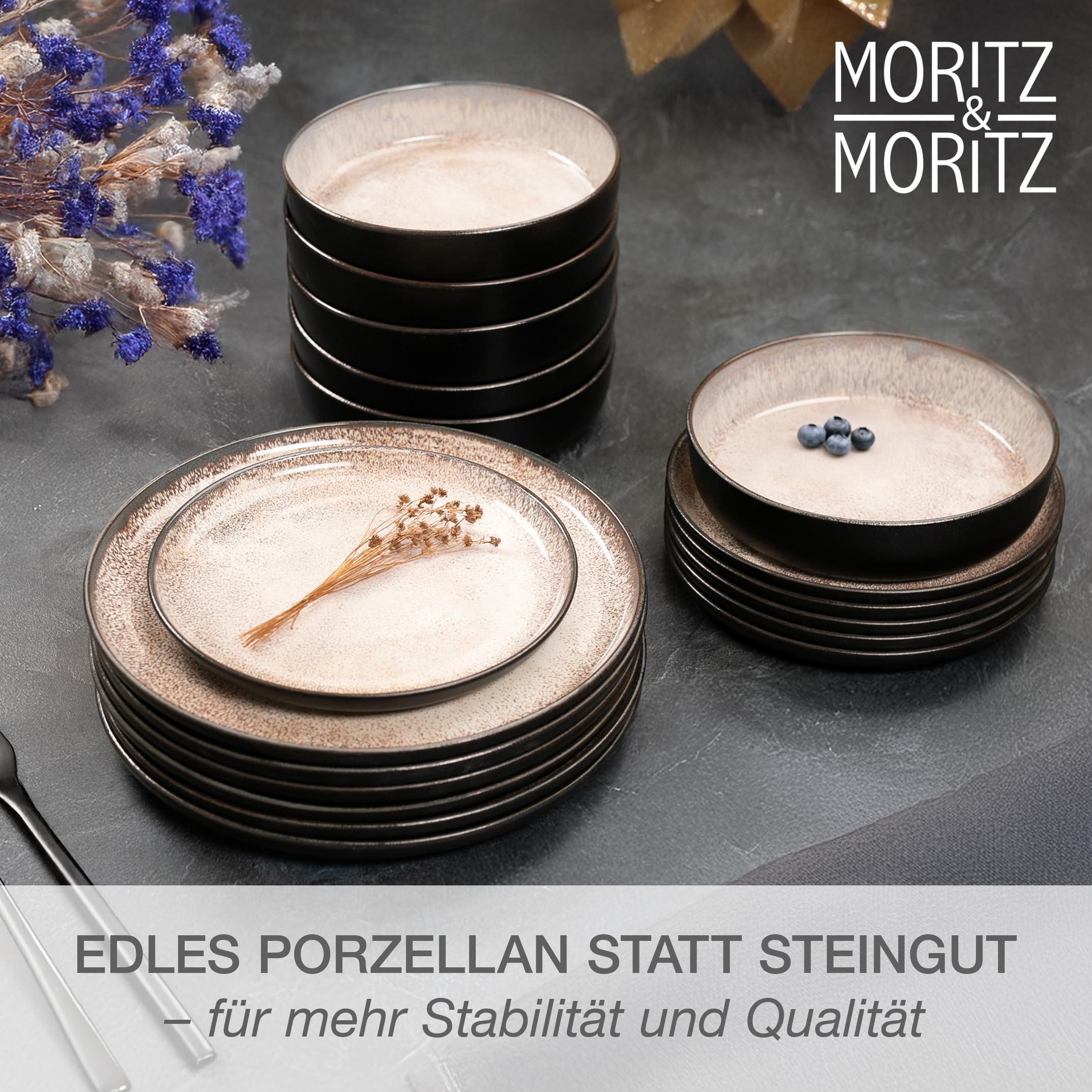 Moritz & Moritz Geschirrset 6 Personen mit Tassen 24-tlg. - Mikrowellen- & Spülmaschinenfest - Modernes Geschirr Set mit Tassen für 6 Personen - Kombiservice 6 Personen - Serie Vida