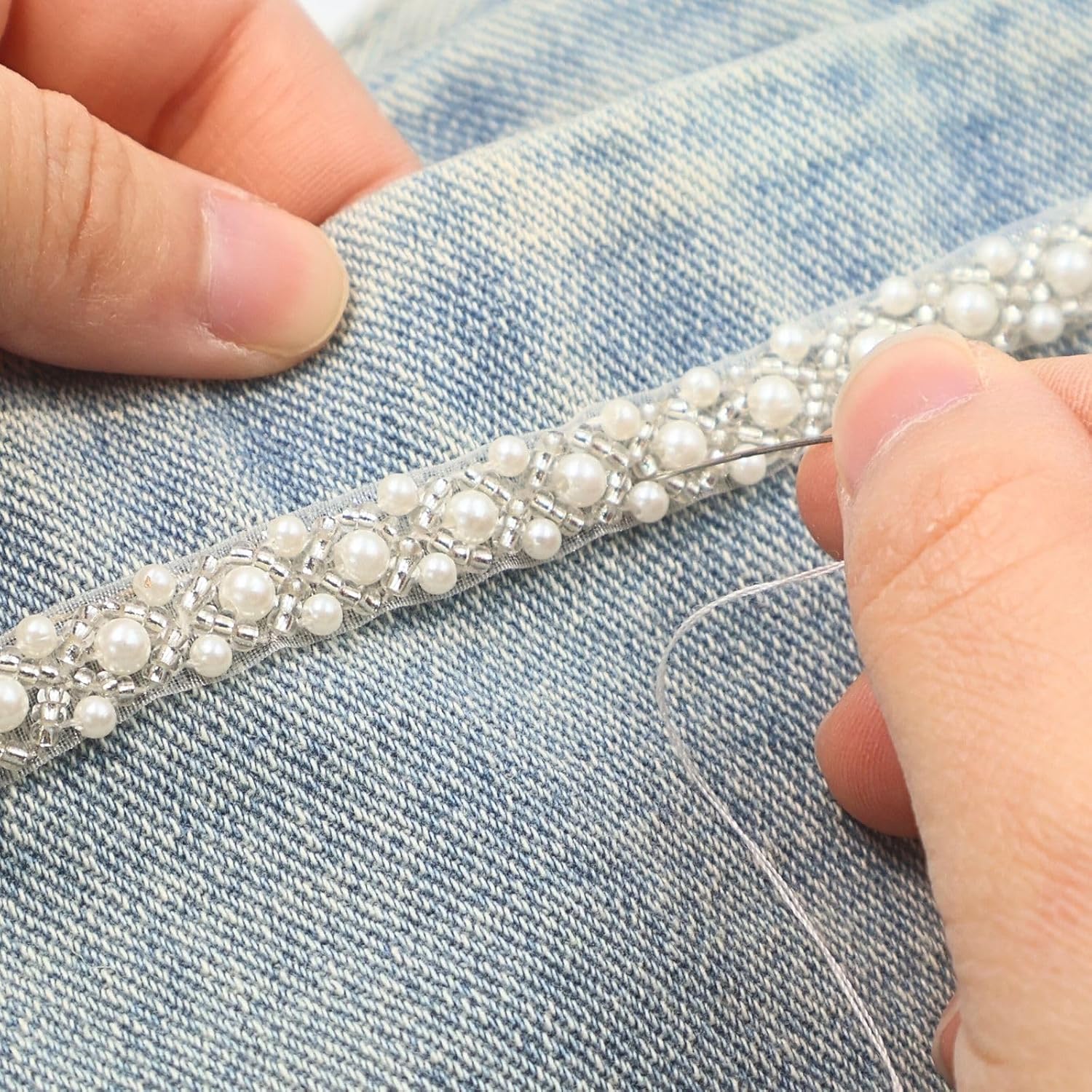 Bijou Joon 5 Yards White Pearl Trim Beaded Trim Beaded Lace Ribbon Edge Border Fabric Bridal DIY for Craft Wedding Dress Embellishments Women Vake Decoration