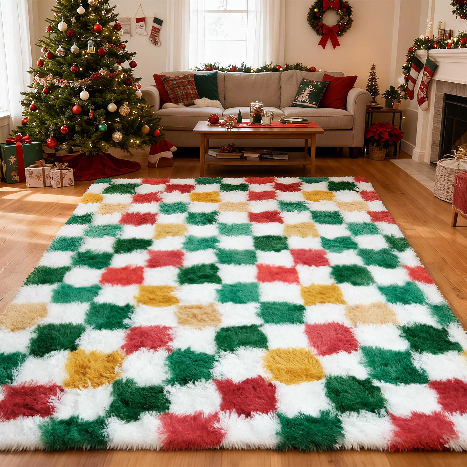 Checkered Area Rug 5x8 for Bedroom Living Room, Christmas Shag Rug Fuzzy Shaggy Bedside Carpet,Indoor Plush Floor Rugs for Holiday Home Decor