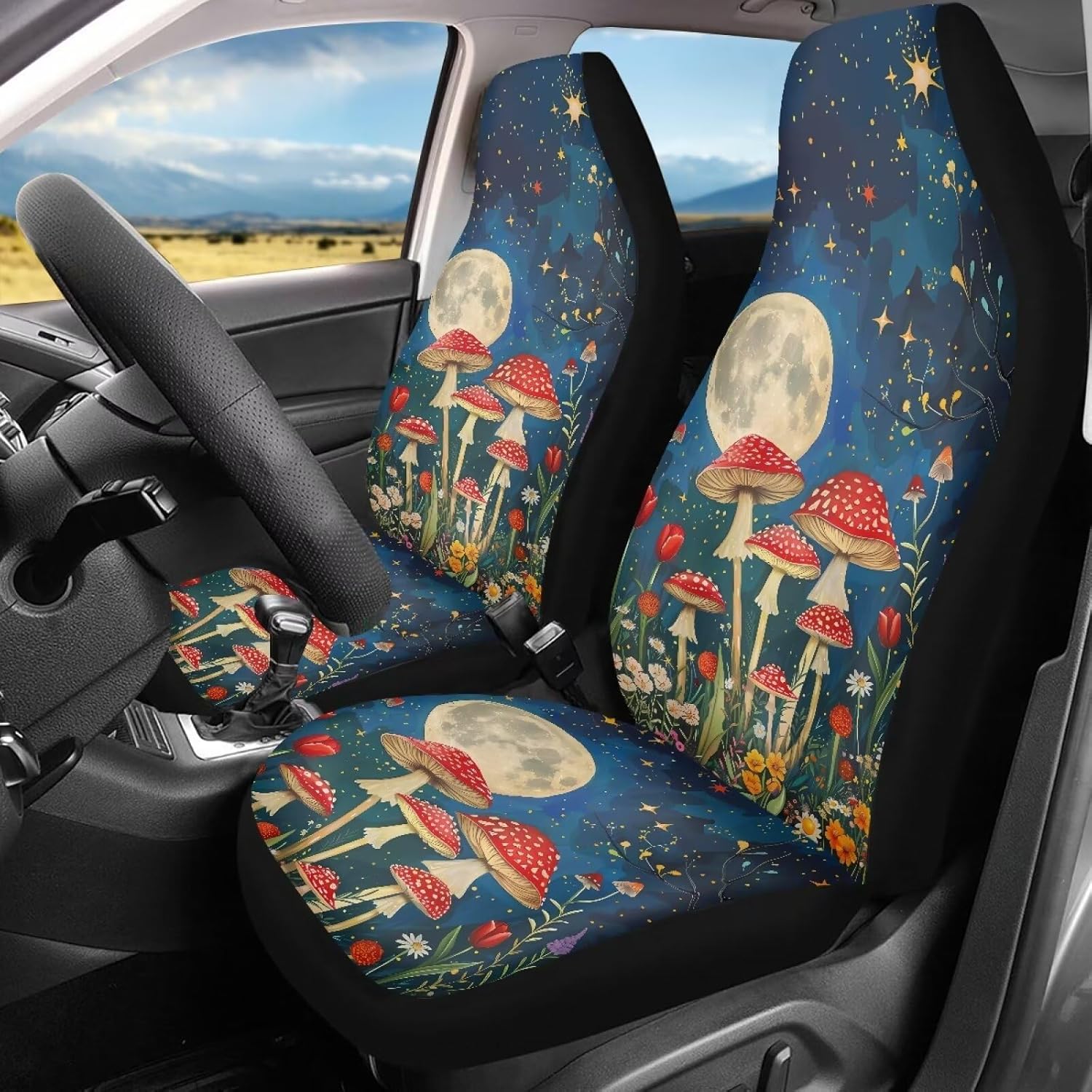 Mushroom Flower Starry Sky Car Seat Protectors 2 Pack Auto Seat Cushion Washable Universal Fit Vehicle High Bucket Seat Only Front Gifts for Women Men