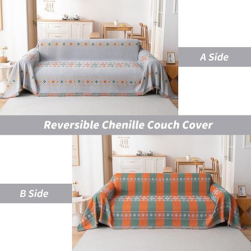 Miniatura 4 de ROOMLIFE Fundas de sofá para sofá de 3 plazas, funda de sofá jacquard bohemia para mascotas, funda de sofá reversible de chenilla con patrones