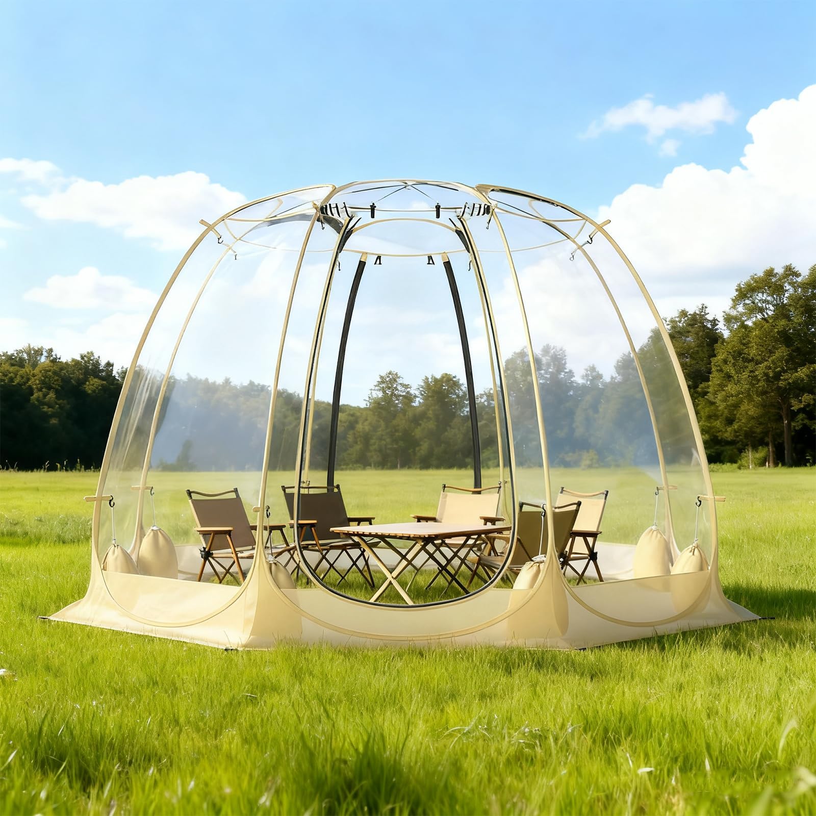 GYMAX Tente Bulle Transparente 5-6 Personnes, Abri à Dôme Extérieur Résistante au Vent pour Activités de Plein Air, Tente Pop-Up de Camping Imperméable en PVC, avec Sac de Transport