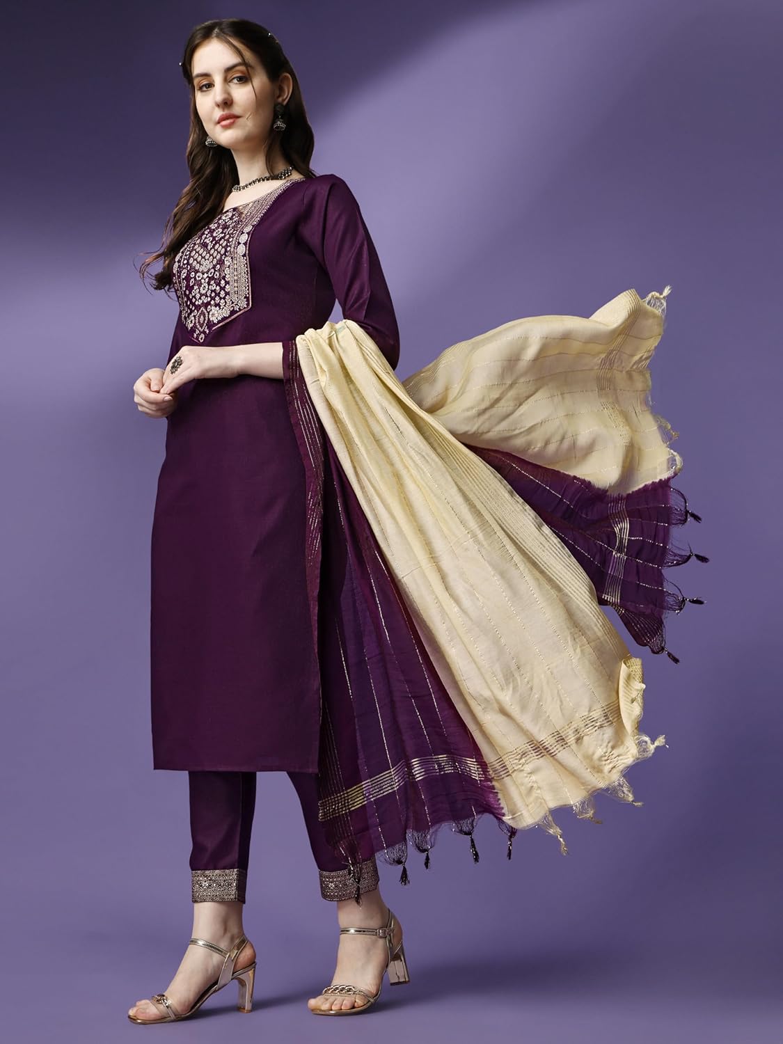 Ziva Fashion Women Cotton Straight Maroon Kurta Pant Dupatta Set Ziva Fashion Women Cotton Straight Maroon Kurta Pant Dupatta Set