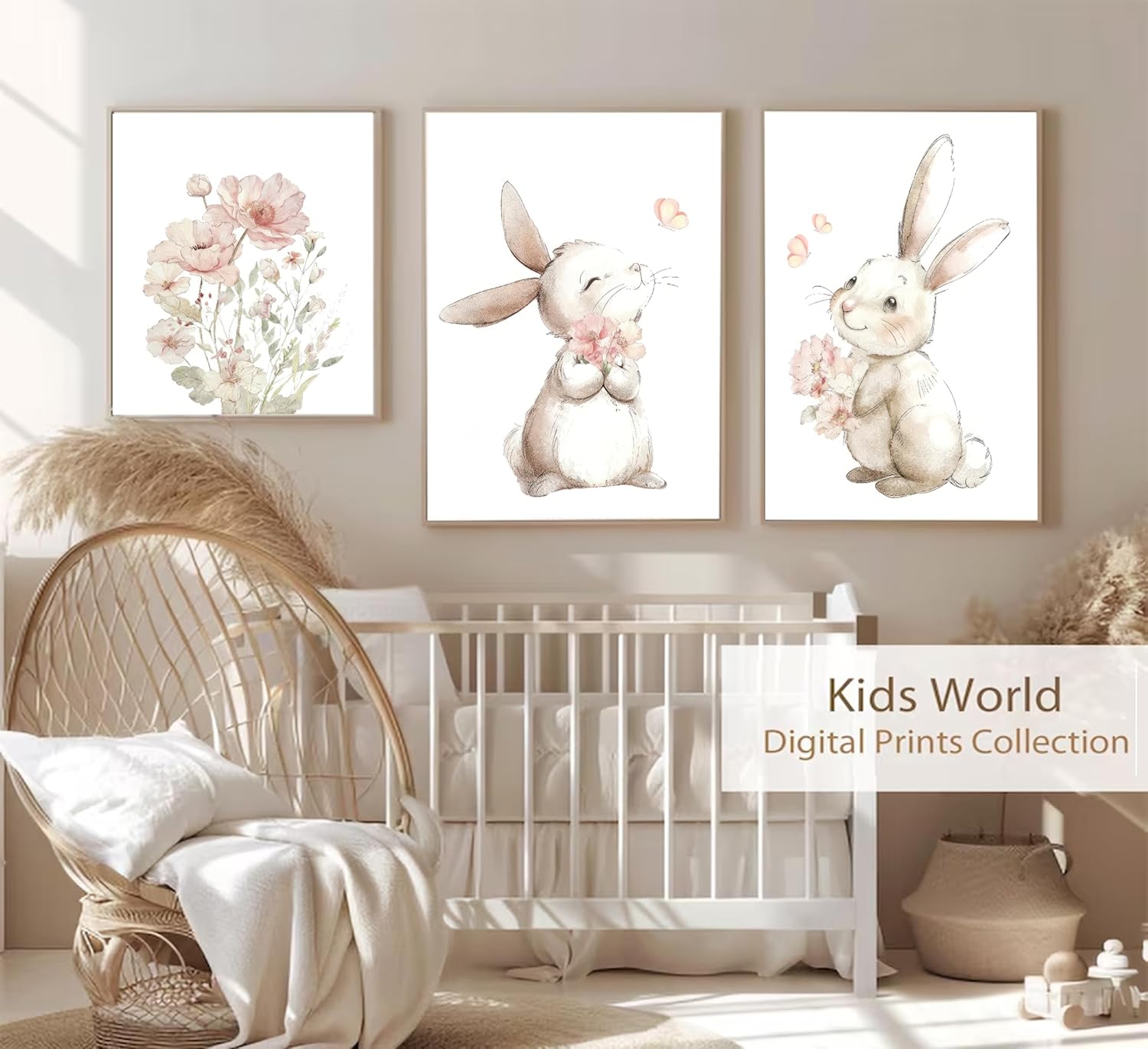 Pink Girl Nursery Bunny Canvas Wall Art Cute Rabbit Wildflowers Painting Pictures Wall Decor Botanical watercolor Flower Poster printing artwork For Baby Boys and Girls Playroom paintings Unframed