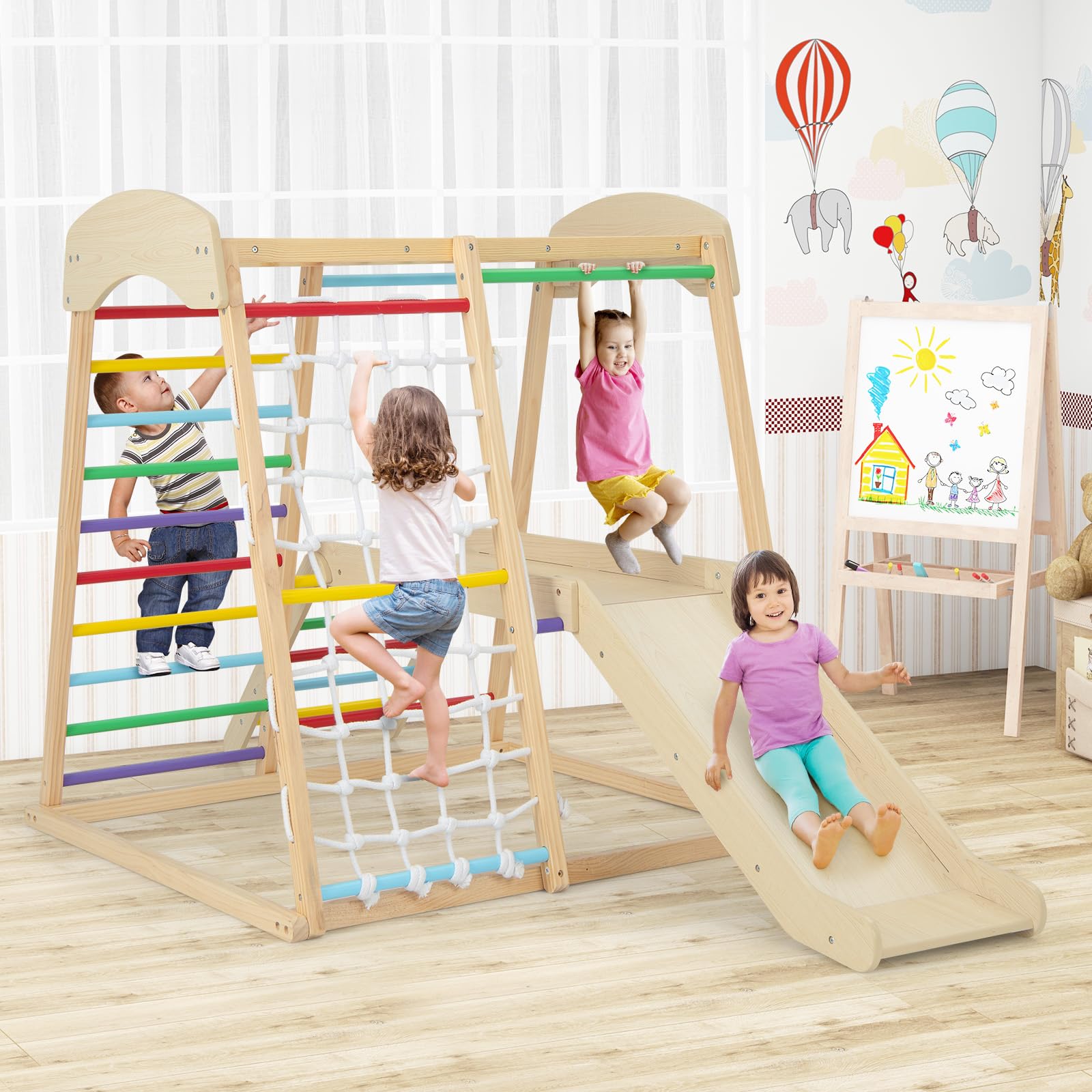 GOPLUS Kinder Klettergerüst, Kletterspielzeug Set mit Kletterleiter & Rutsche & Kletternetz & Querstange, vielseitiger Spielturm, Kletterturm Indoor aus Holz für Kinder ab 1 Jahr (Bunt)